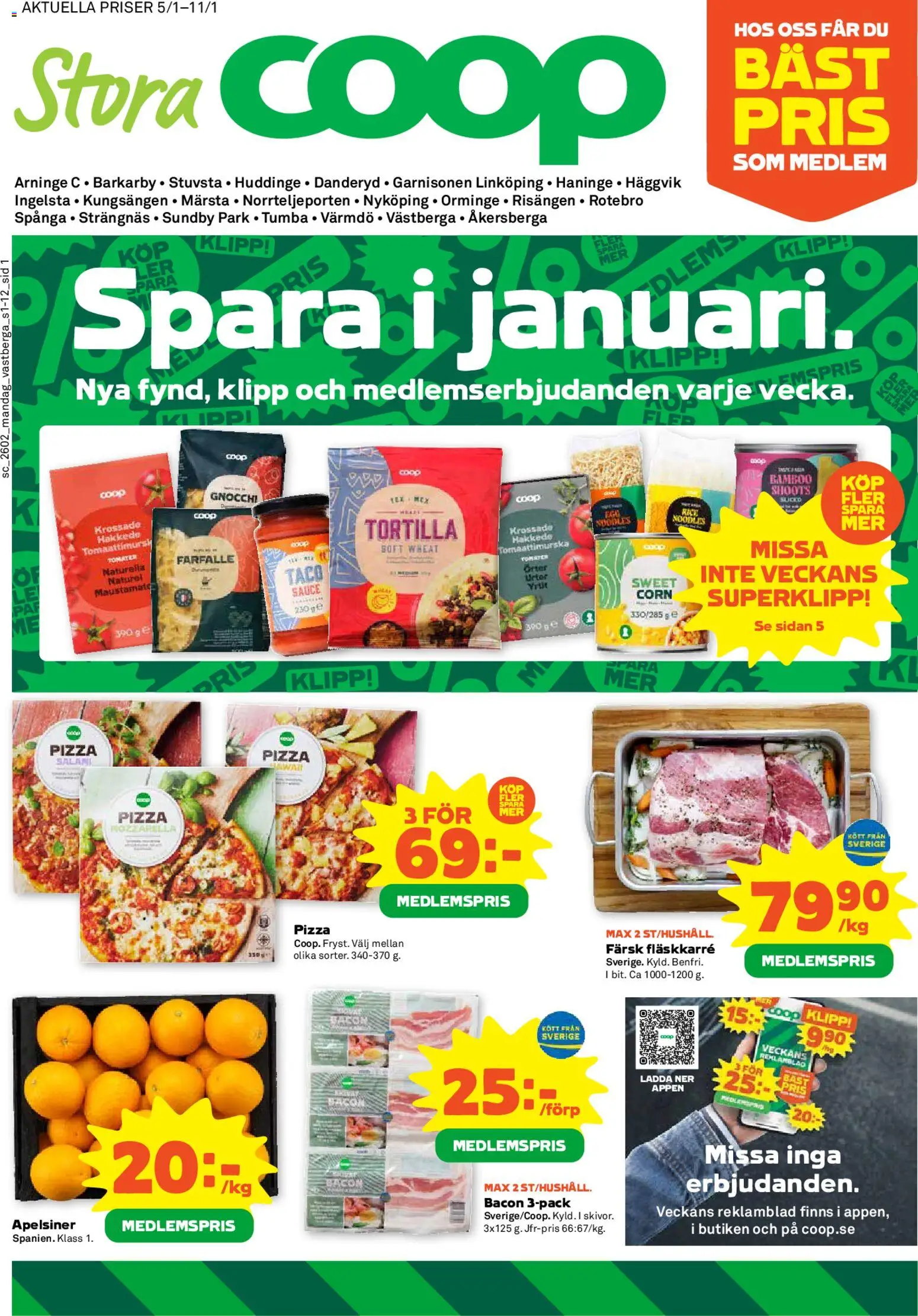 Coop Forum reklamblad aktuell från 05.01.2026 | Sida: 1 | Produkter: Bacon, Pizza, Apelsiner, Tomater