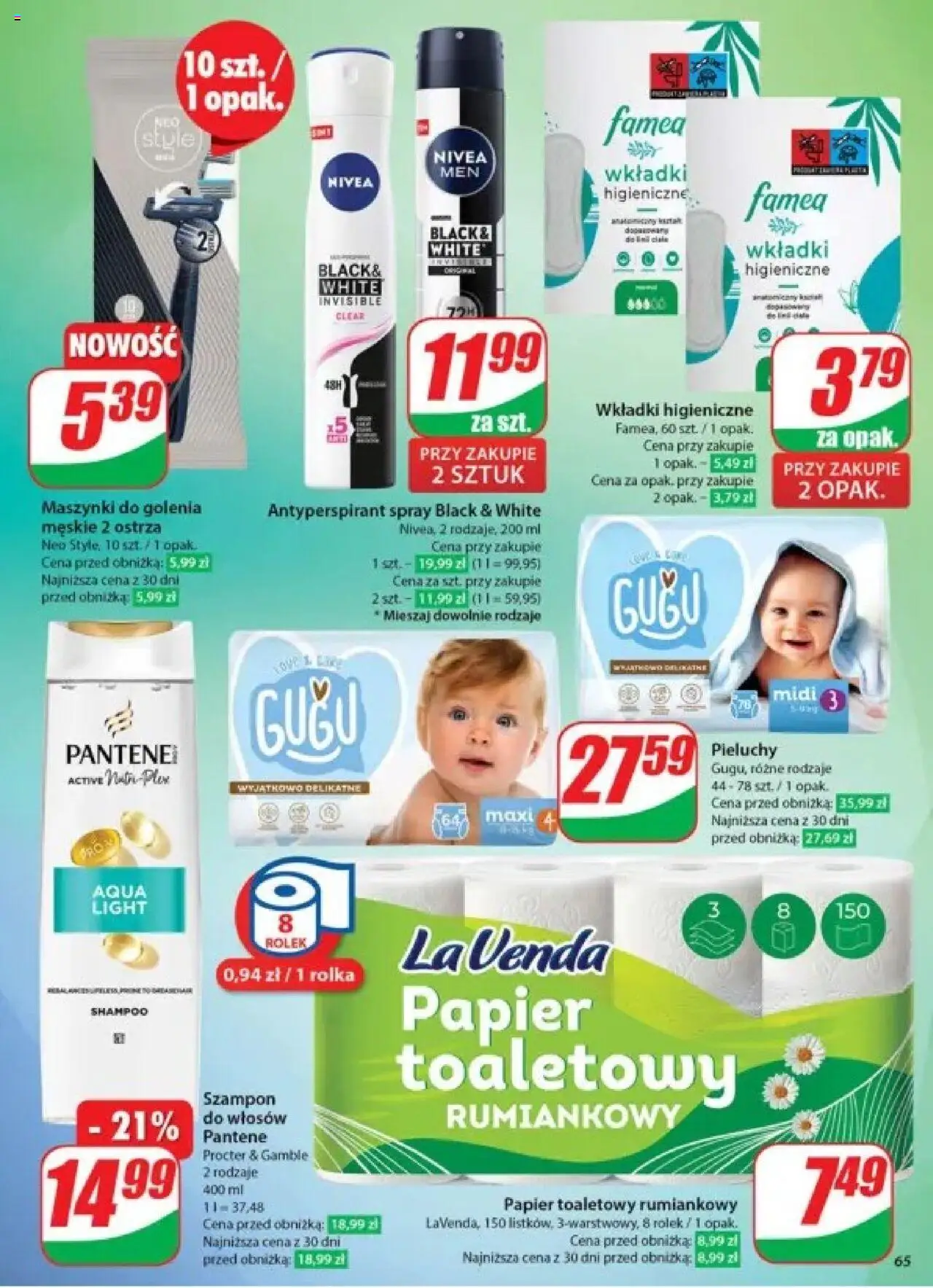 Dino Gazetka od 28.05.2025 | Strona: 65 | Produkty: Papier toaletowy, Maszynki do golenia, Wkładki higieniczne, Antyperspirant