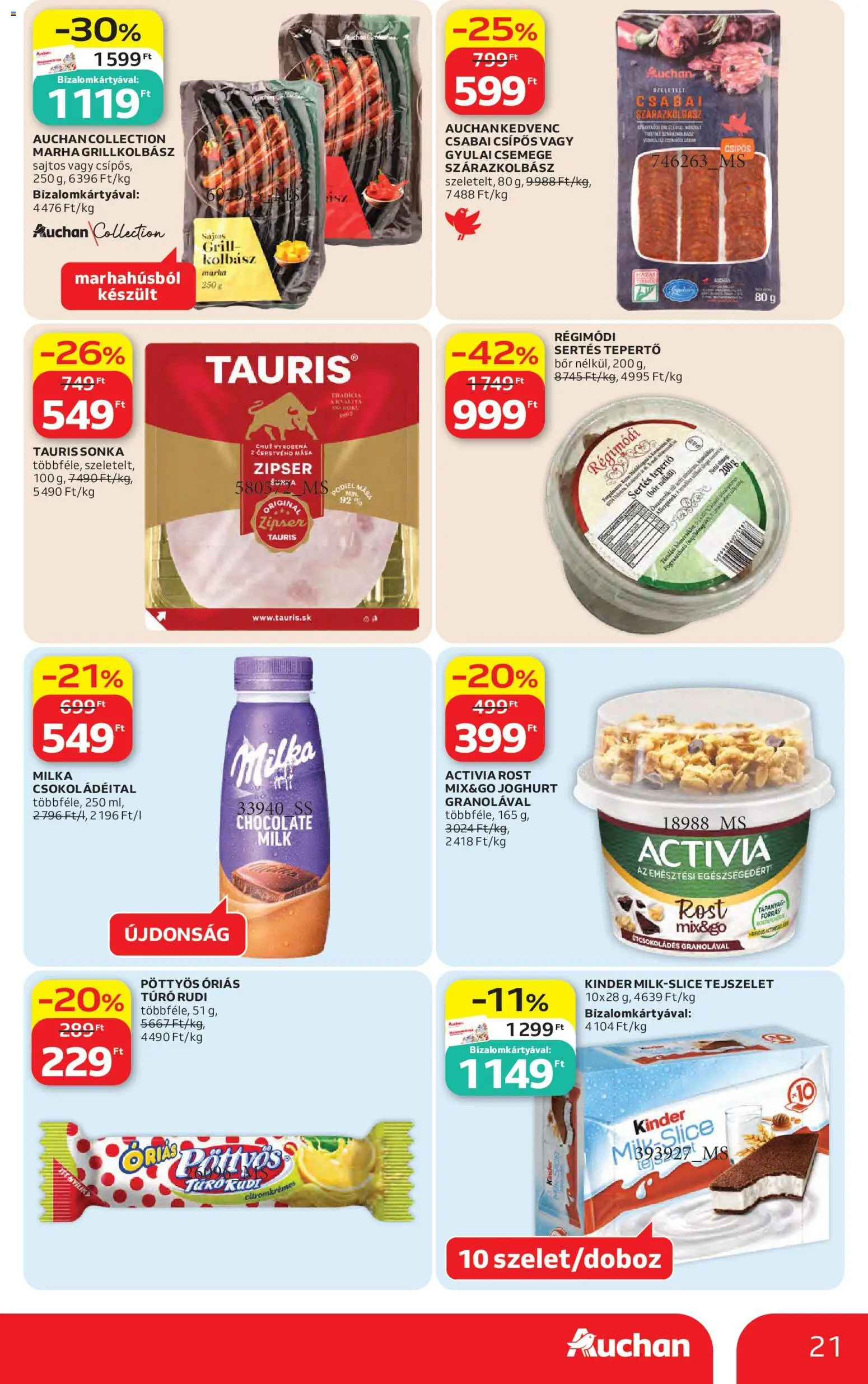 Auchan akciós ujság - amely érvényes a következő dátumtól: 30.04.2026 | Oldal: 21 | Termékek: Kolbász, Túró rudi, Sonka, Bor