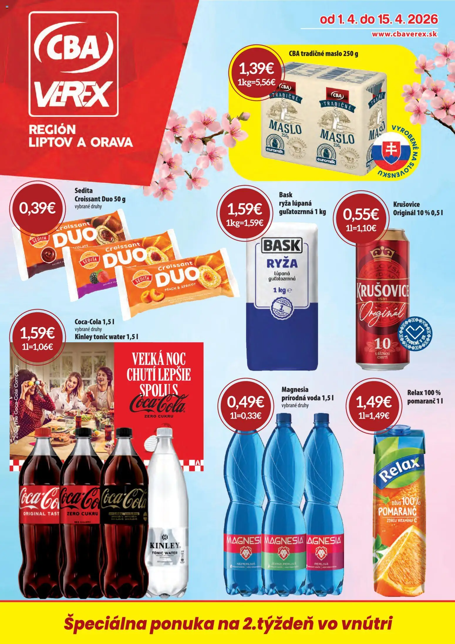 Nové CBA Verex akcie – leták je platný od 01.04.2026 | Strana: 1 | Produkty: Croissant, Krušovice, Magnesia, Voda