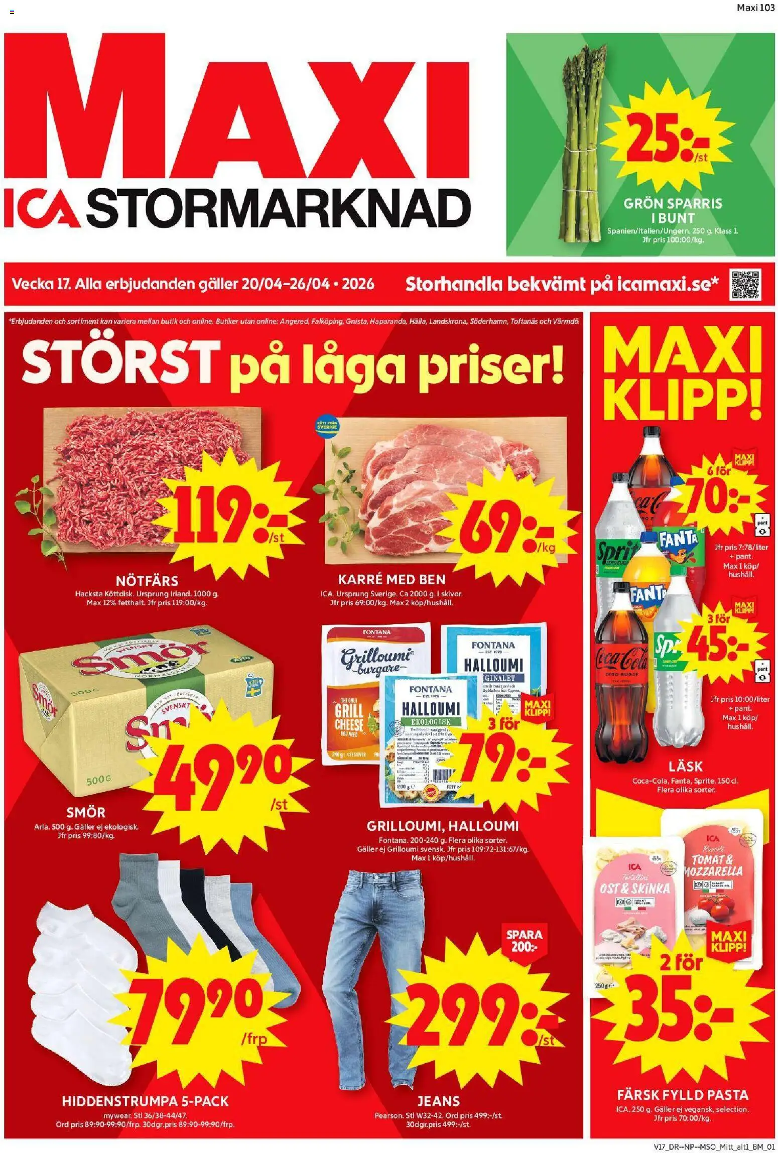 ICA Maxi reklamblad aktuell från 20.04.2026 | Sida: 1 | Produkter: Coca cola, Ost, Pasta, Jeans