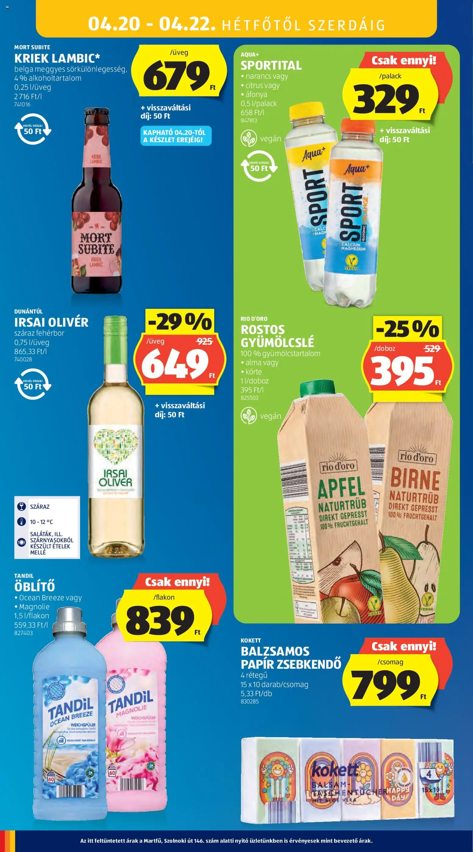 Aldi akciós ujság - amely érvényes a következő dátumtól: 16.04.2026 | Oldal: 42 | Termékek: Gyümölcslé, Öblítő, Fehérbor, Vegán