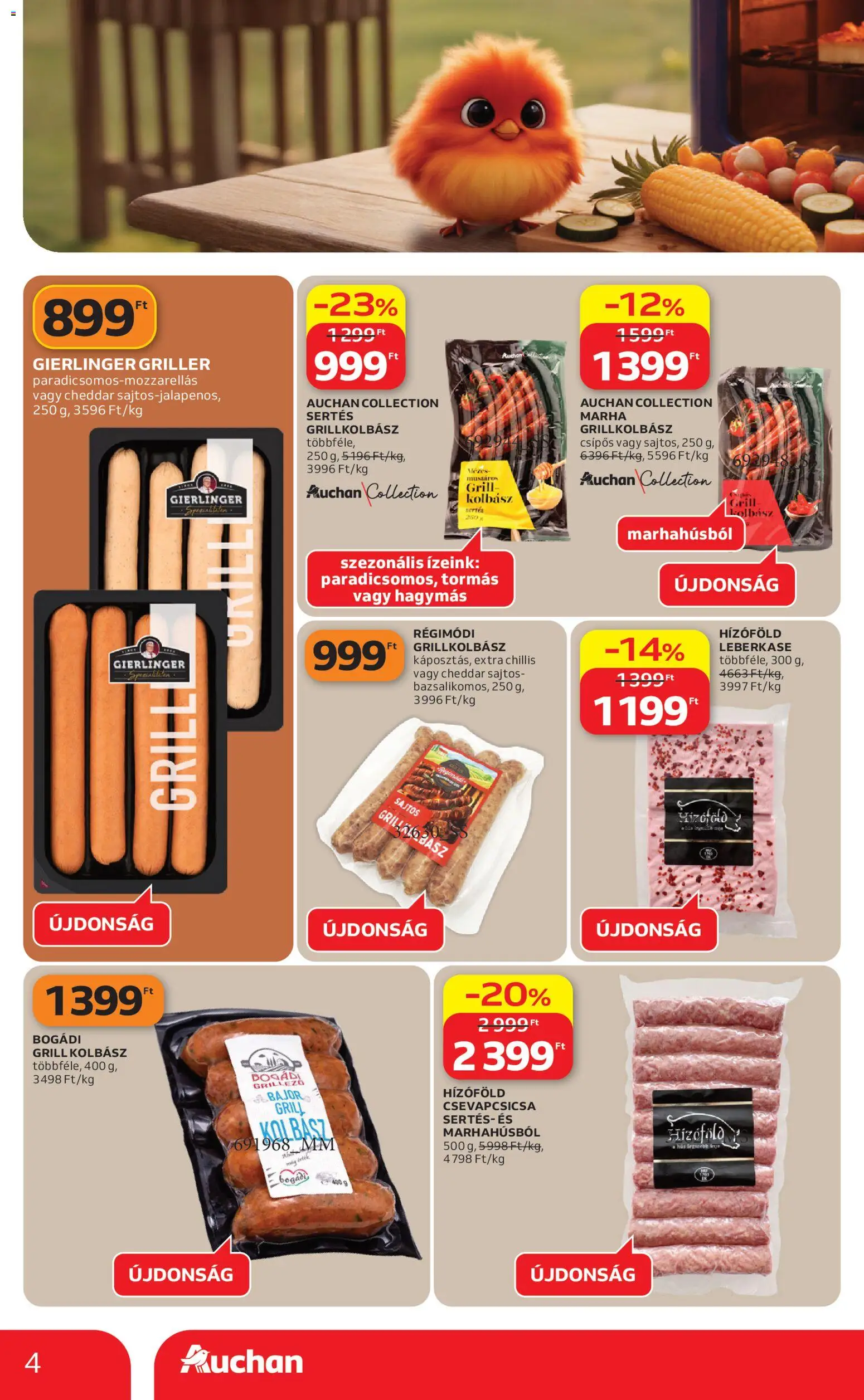 Auchan akciós ujság - amely érvényes a következő dátumtól: 09.04.2026 | Oldal: 4 | Termékek: Grillkolbász, Hús, Grill, Cheddar