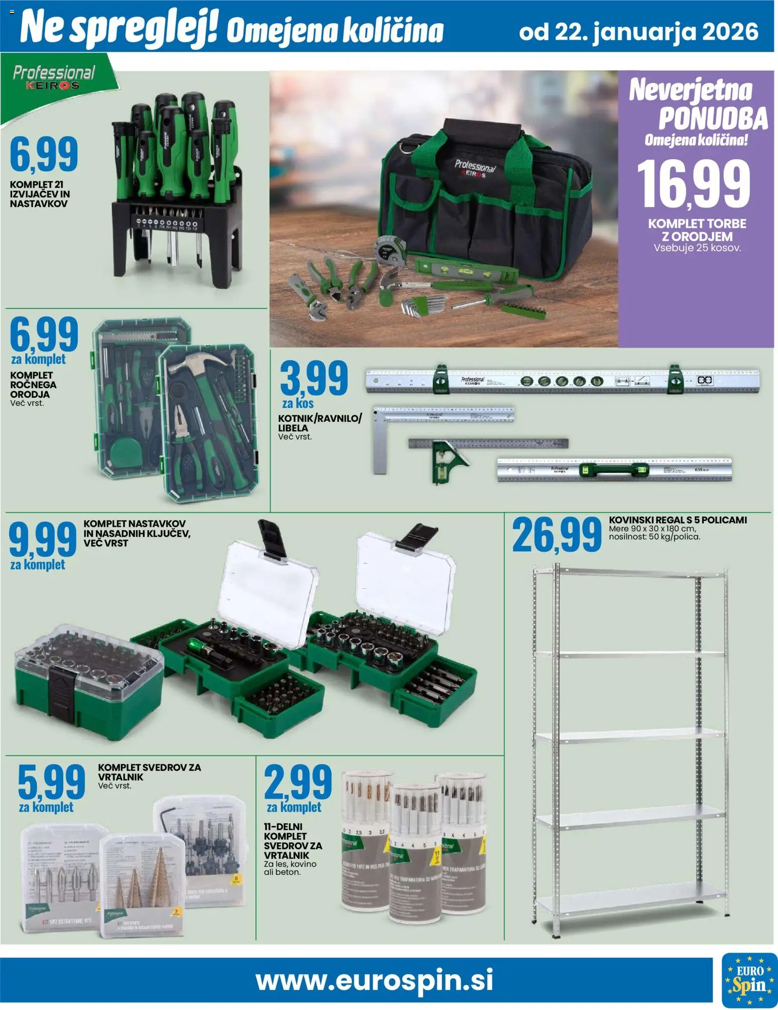 Novi Eurospin katalog ponudbe – veljaven od 22.01.2026 | Stran: 15 | Izdelki: Kos, Regal, Vrtalnik