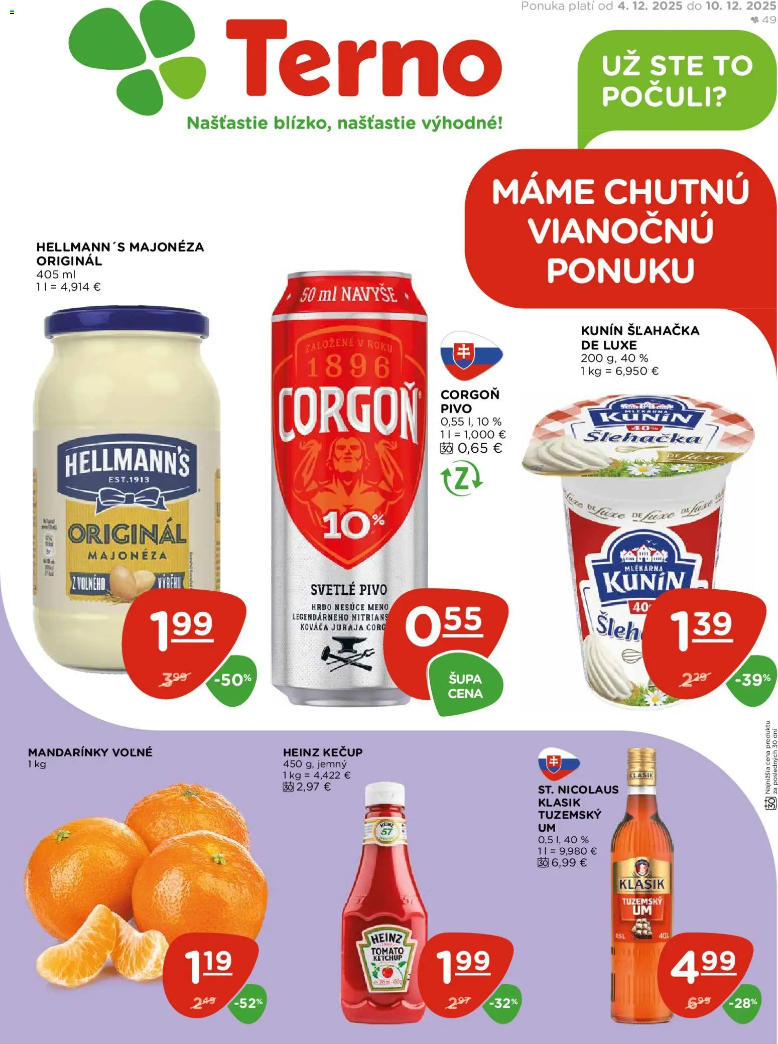 Nové Terno akcie – leták je platný od 04.12.2025 | Strana: 1 | Produkty: Pivo, Corgoň, Kečup, Šľahačka