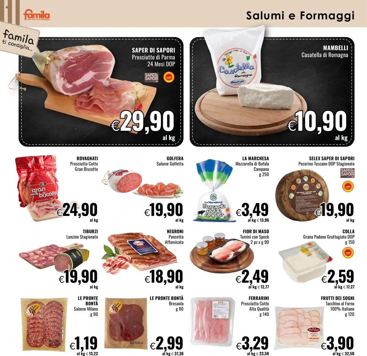 Volantino Famila del 18.09.2025 | Pagina: 6 | Prodotti: Prosciutto di Parma, Pancetta, Mozzarella, Colla
