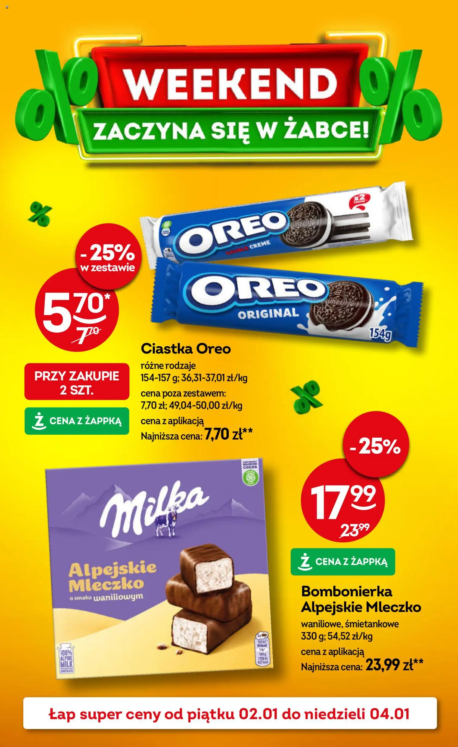 Żabka Gazetka - Weekendowe promocje od 02.01.2026 | Strona: 1 | Produkty: Bombonierka, Milka, Ciastka Oreo, Ciastka