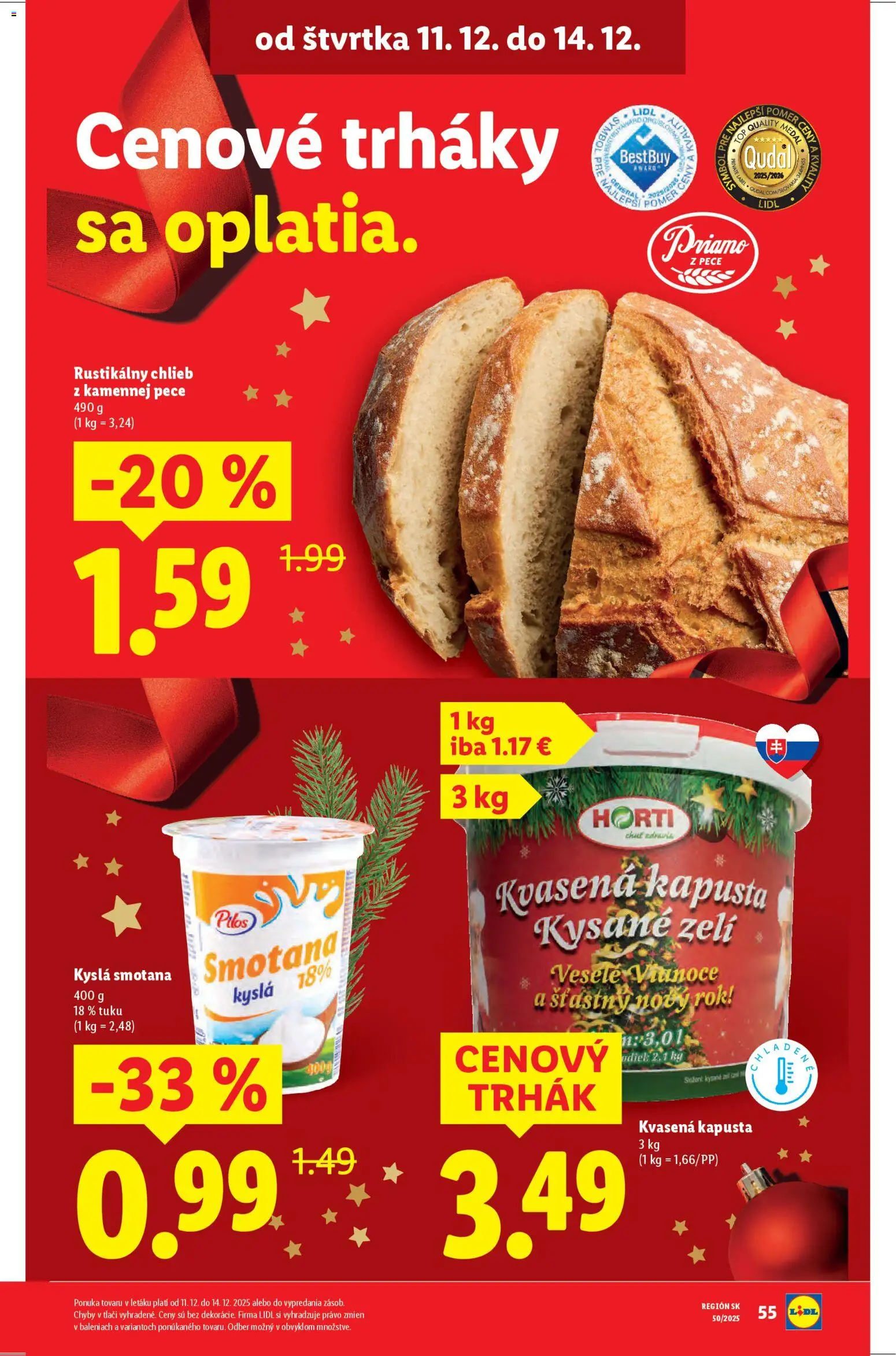 Nové Lidl akcie – leták je platný od 11.12.2025 | Strana: 2 | Produkty: Kapusta, Chlieb, Smotana