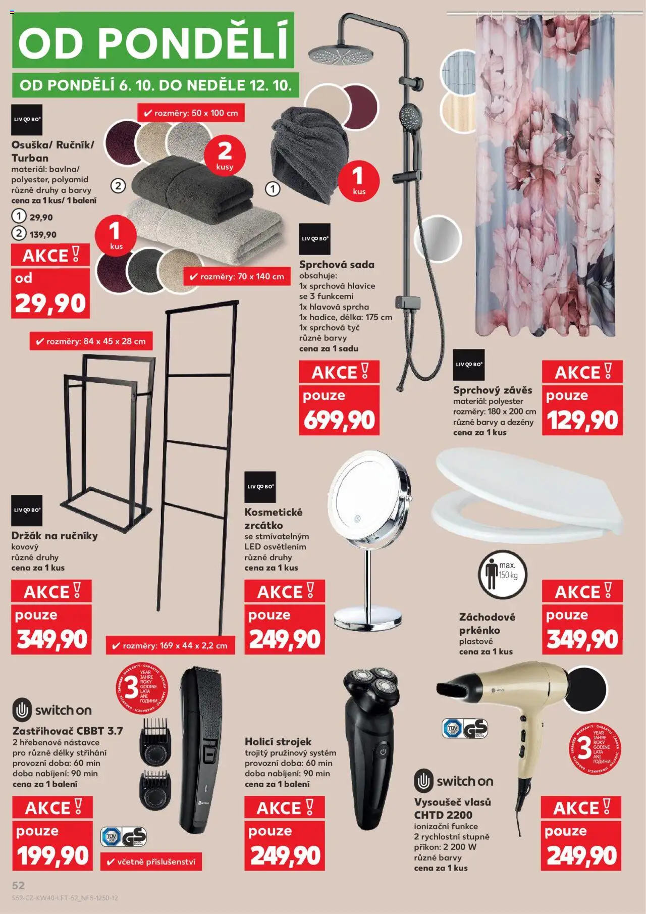Kaufland leták od 01.10.2025 | Strana: 52 | Produkty: Sprcha, Switch On, Vysoušeč vlasů, Barvy