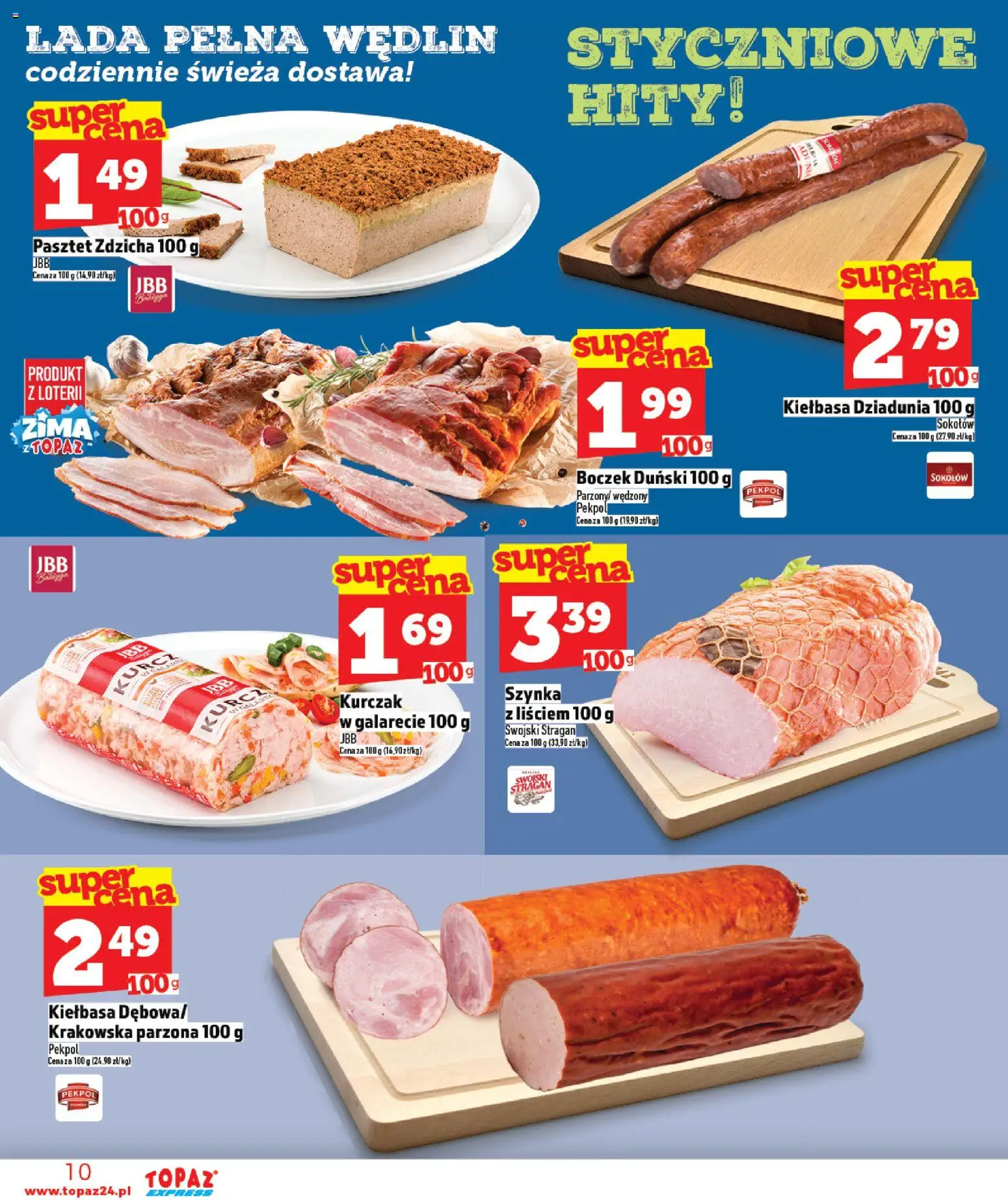 Topaz Gazetka - Express od 15.01.2026 | Strona: 10 | Produkty: Kiełbasa, Kurczak, Szynka, Boczek