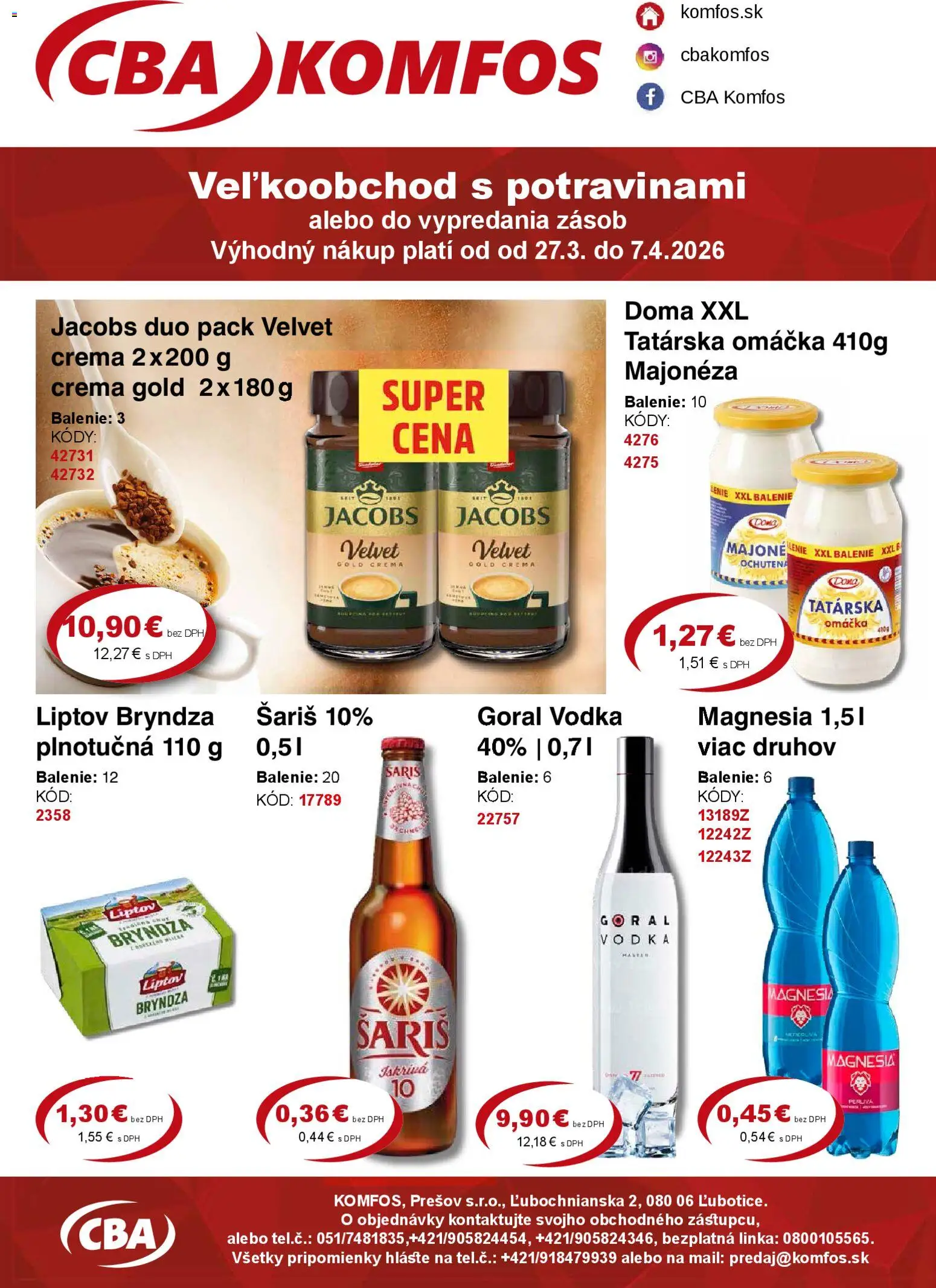 Nové CBA Komfos akcie – leták je platný od 27.03.2026 | Strana: 1 | Produkty: Šariš, Magnesia, Tatárska omáčka, Omáčka