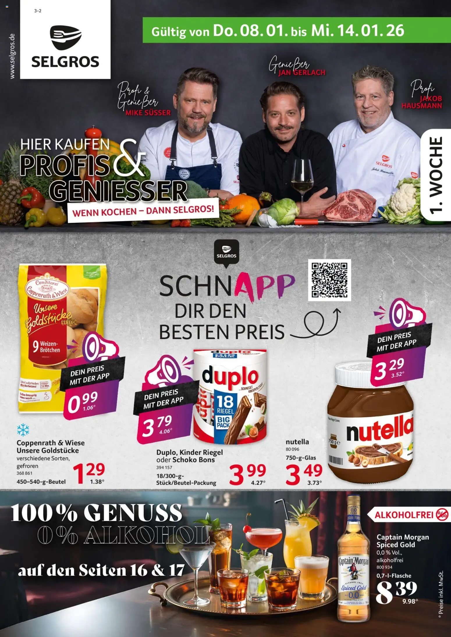 Selgros Prospekt 	 – gültig ab 08.01.2026 | Seite: 1 | Produkte: Kinder riegel, Nutella, Captain morgan