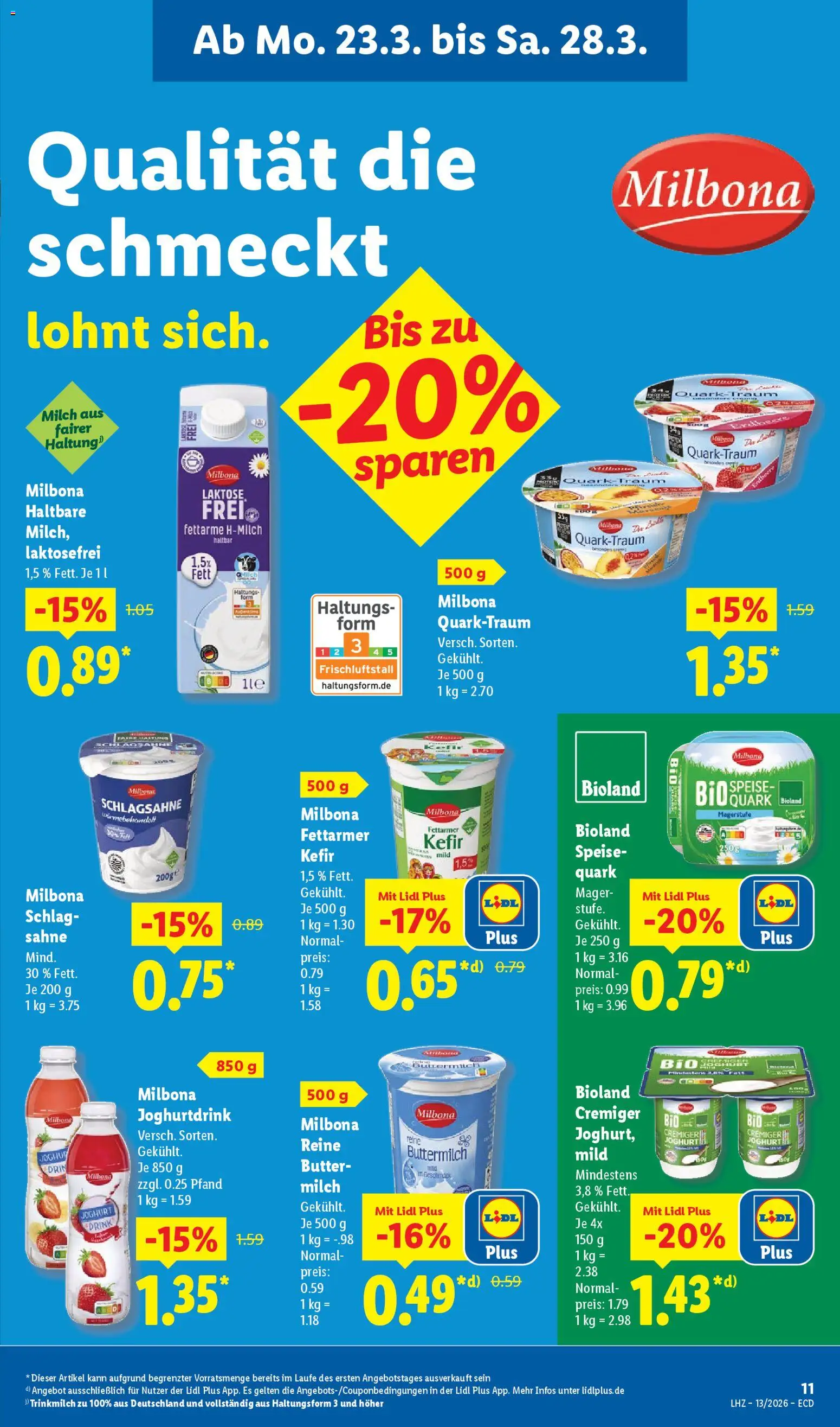 Lidl Prospekt – gültig ab 23.03.2026 | Seite: 19 | Produkte: Kefir, Buttermilch, Quark, Schlagsahne