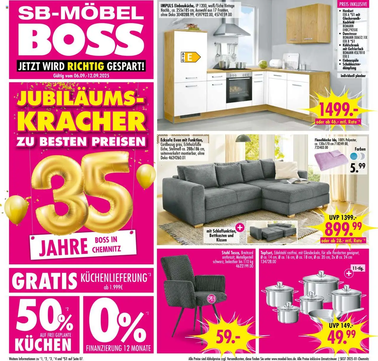 SB Möbel Boss Prospekt Chemnitz	 – gültig ab 06.09.2025 | Seite: 1 | Produkte: Kissen, Stuhl, Kühlschrank, Kochfeld