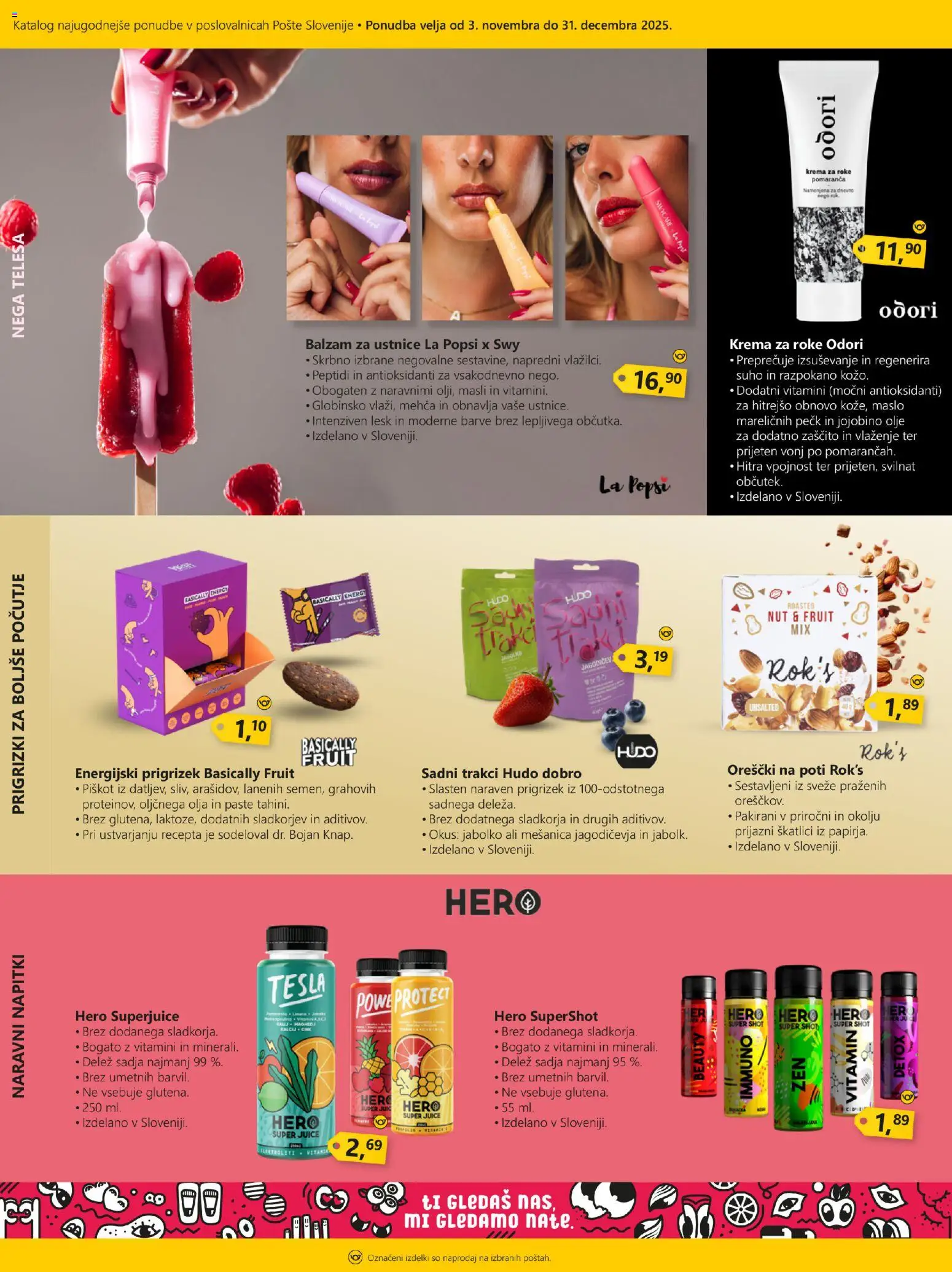 Novi Pošta Slovenije katalog ponudbe – veljaven od 03.11.2025 | Stran: 12 | Izdelki: Balzam za ustnice, Krema, Krema za roke, Prigrizki