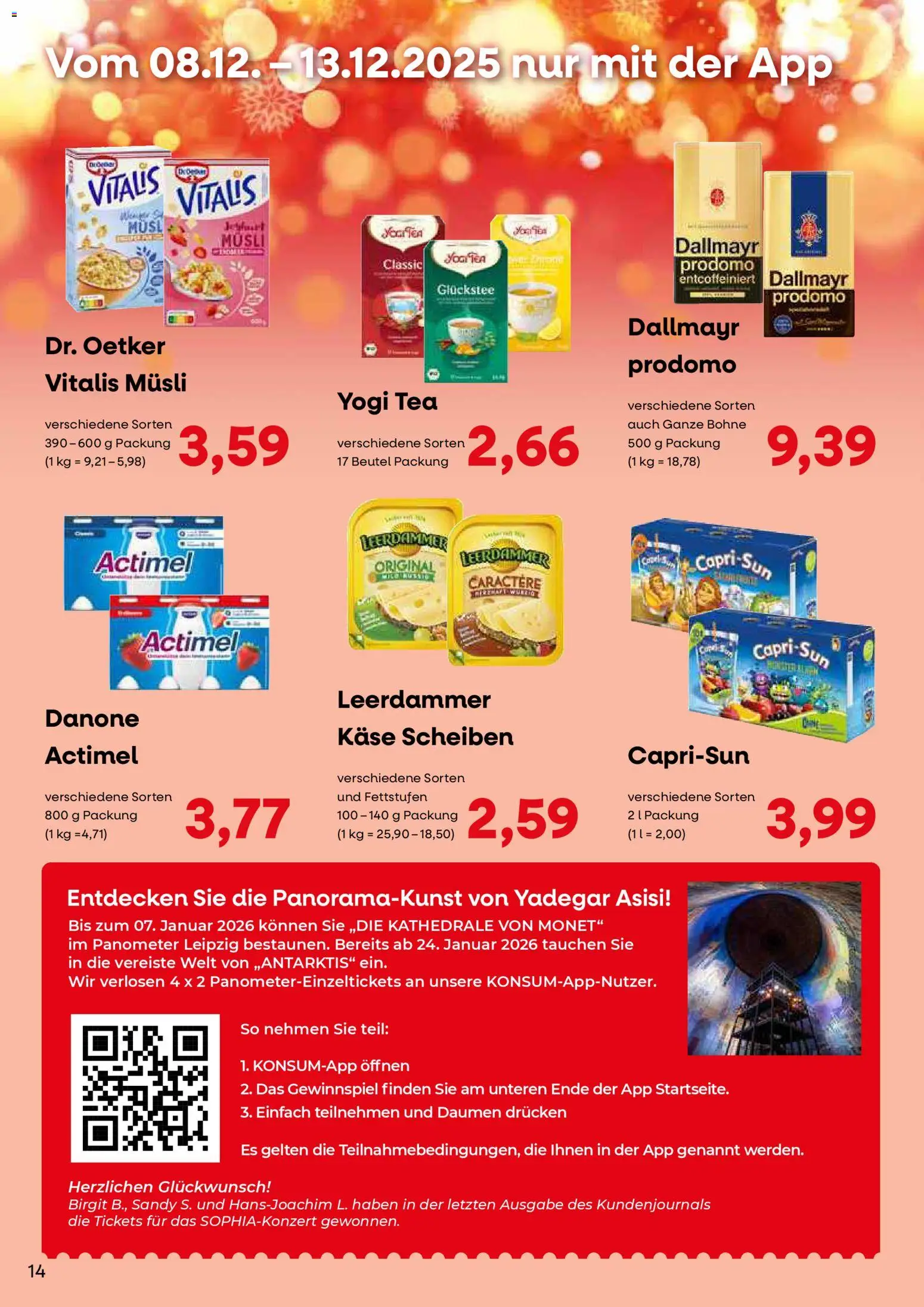 KONSUM Leipzig Kunden-journal – gültig ab 08.12.2025 | Seite: 14 | Produkte: Musli, Leerdammer, Dallmayr, Dallmayr prodomo