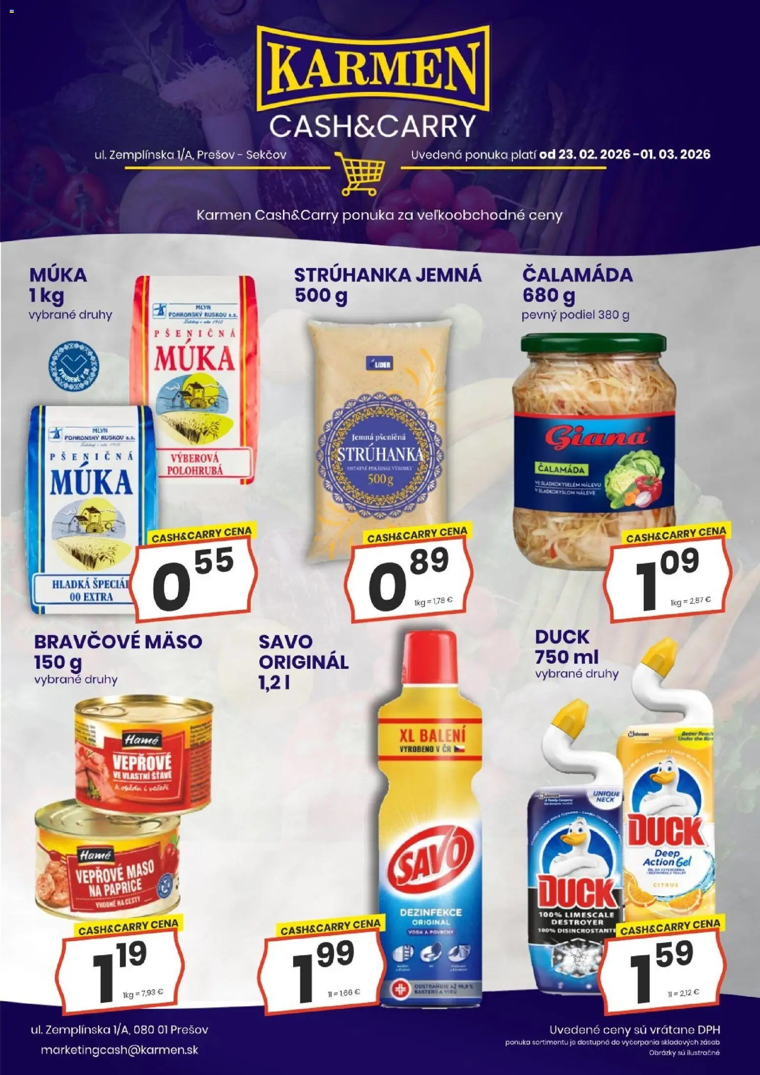 Nové KARMEN CBA akcie – leták je platný od 23.02.2026 | Strana: 2 | Produkty: Pšeničná múka, Savo, Bravčové mäso, Voda