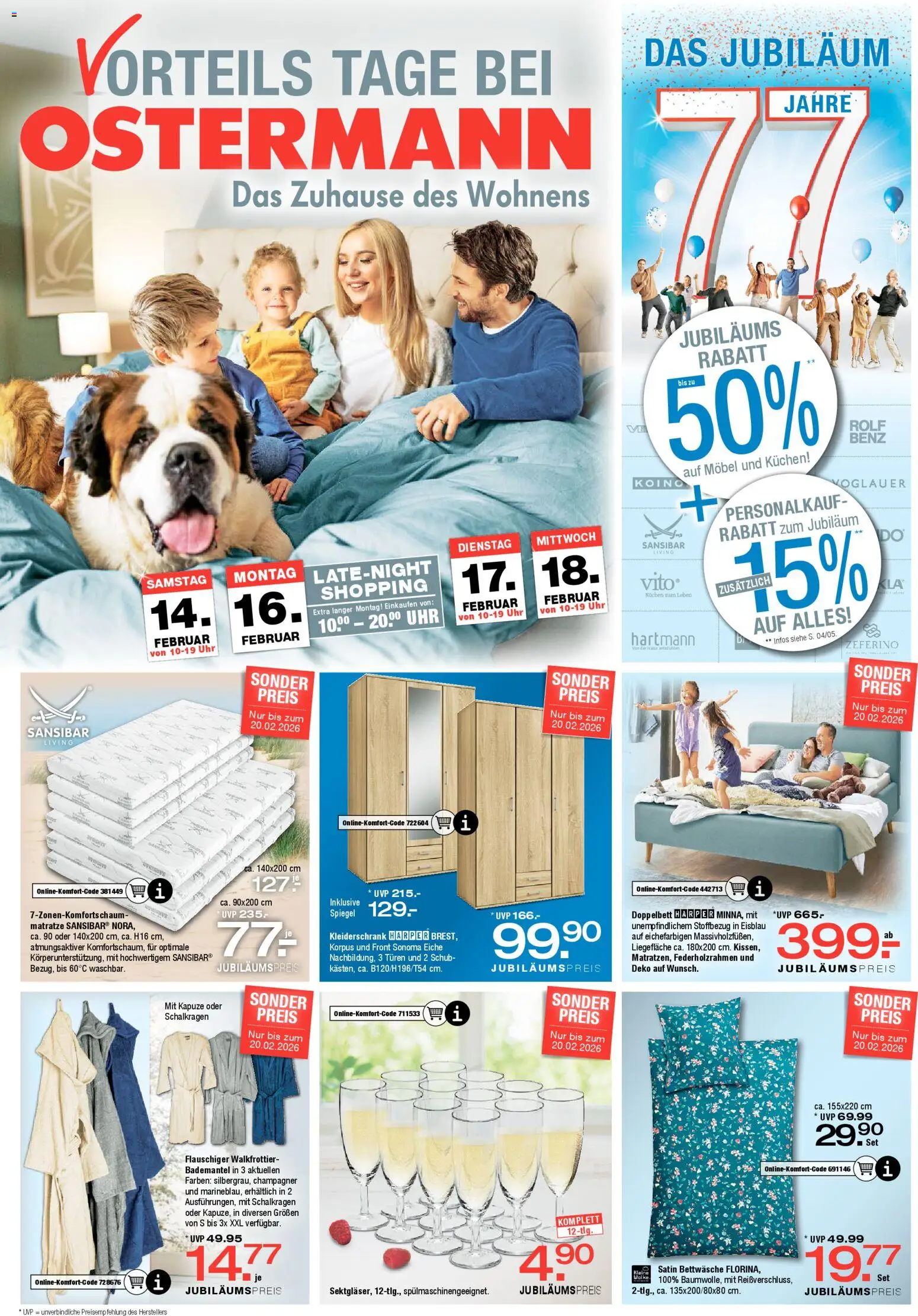 Ostermann Prospekt 	 – gültig ab 14.02.2026 | Seite: 1 | Produkte: Kleiderschrank, Spiegel, Kuchen, Uhr