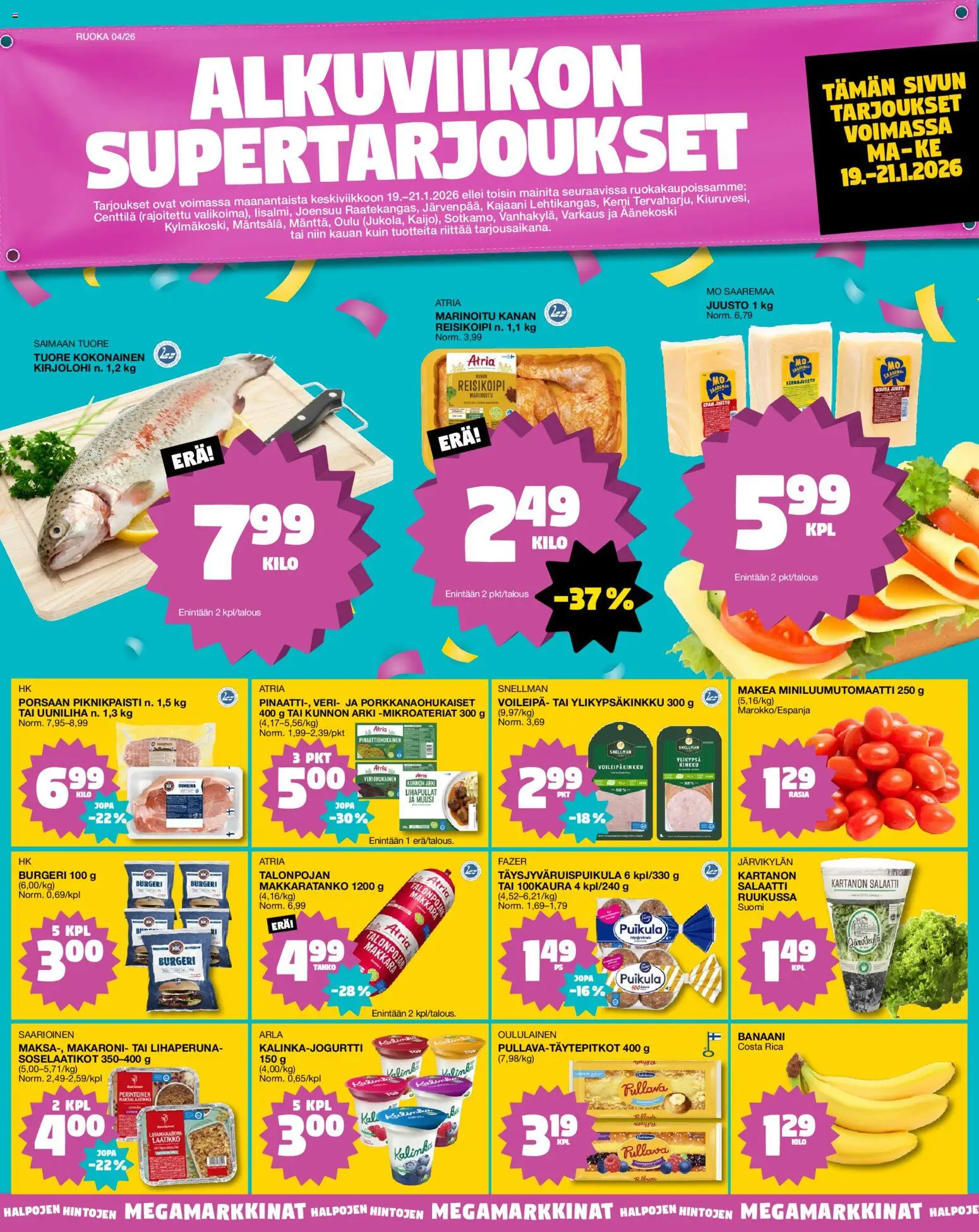 Tokmanni Ruokatarjoukset – voimassa 19.01.2026 alkaen | Sivu: 1 | Tuotteet: Kokonainen, Makkara, Laatikko, Juusto