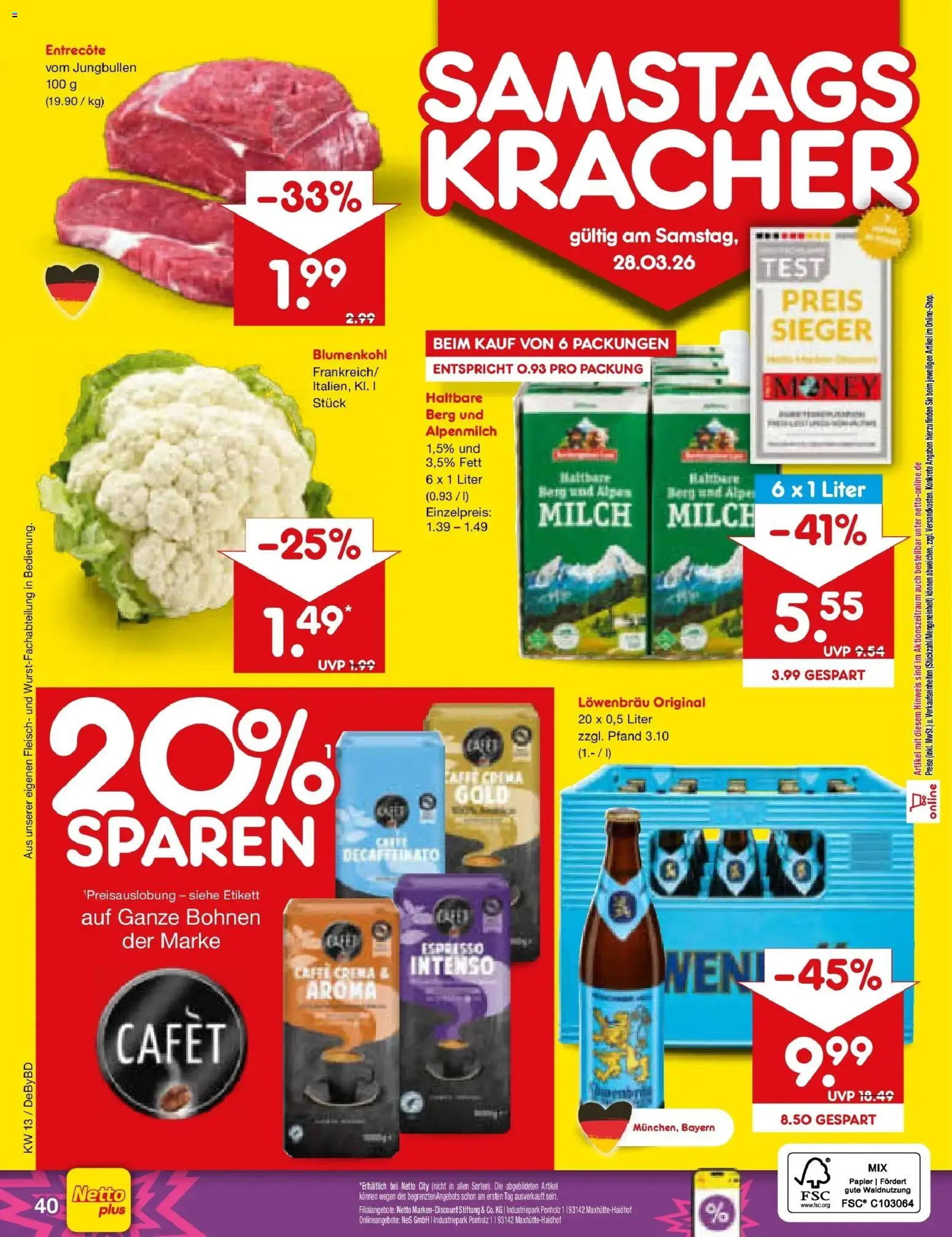 Netto Marken-Discount Prospekt Buttenwiesen	 – gültig ab 23.03.2026 | Seite: 56 | Produkte: Milch, Entrecote, Blumenkohl, Fleisch