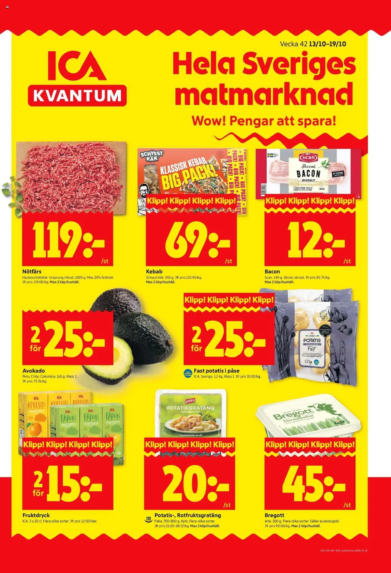 ICA Kvantum reklamblad aktuell från 13.10.2025 | Sida: 1 | Produkter: Bacon, Galler, Bregott, Potatisgratäng