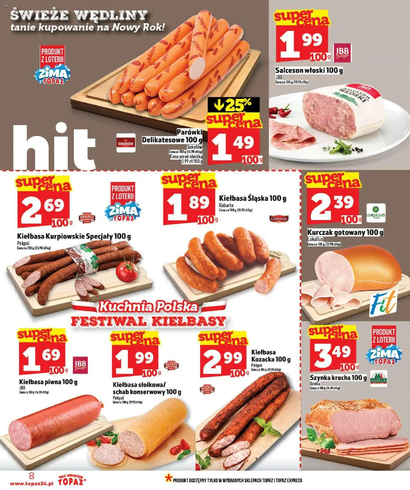 Topaz Gazetka MAZ od 02.01.2026 | Strona: 8 | Produkty: Kiełbasa, Parówki, Szynka, Wędliny