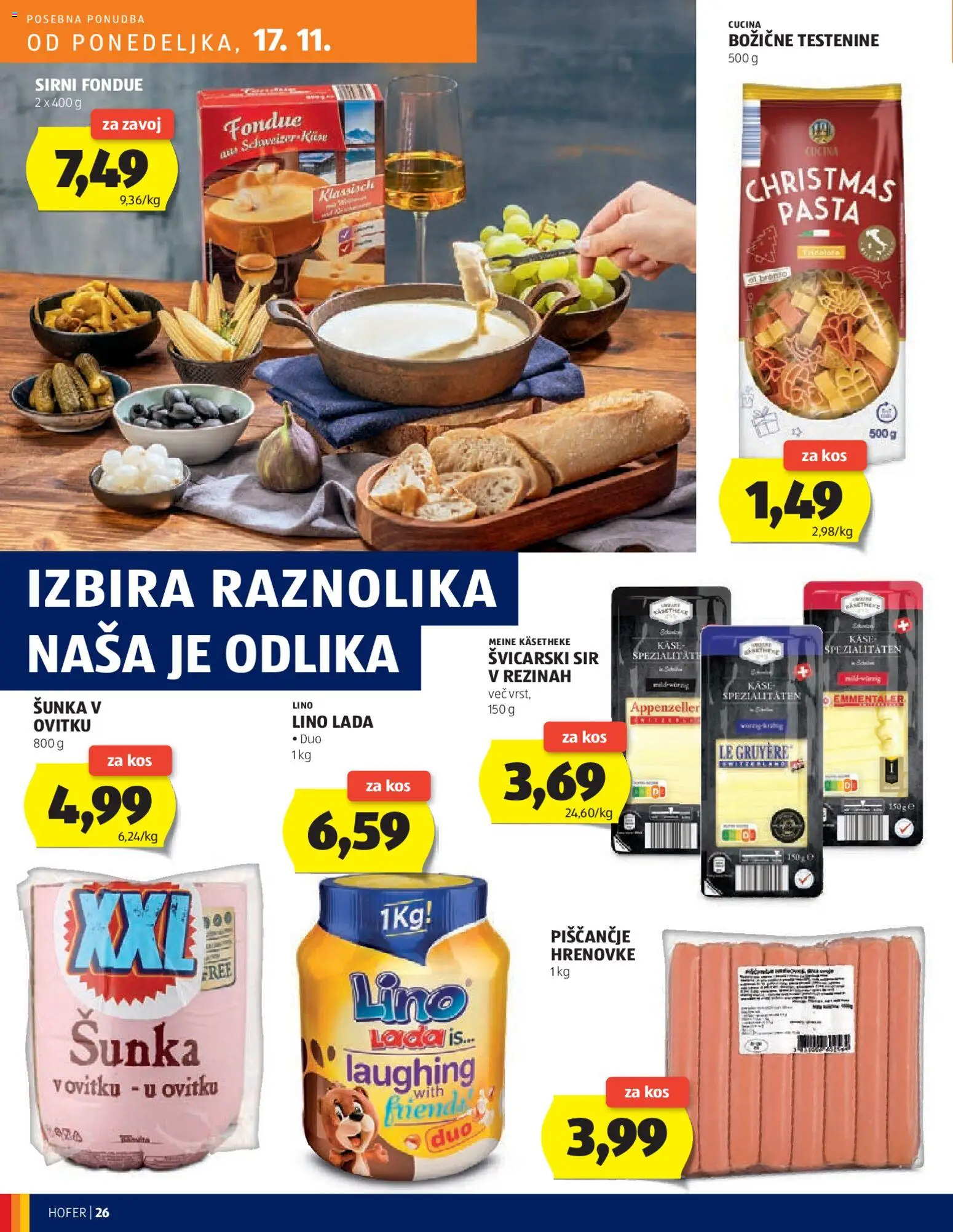 Novi Hofer katalog ponudbe – veljaven od 13.11.2025 | Stran: 26 | Izdelki: Hrenovke, Sir, Sunka, Testenine