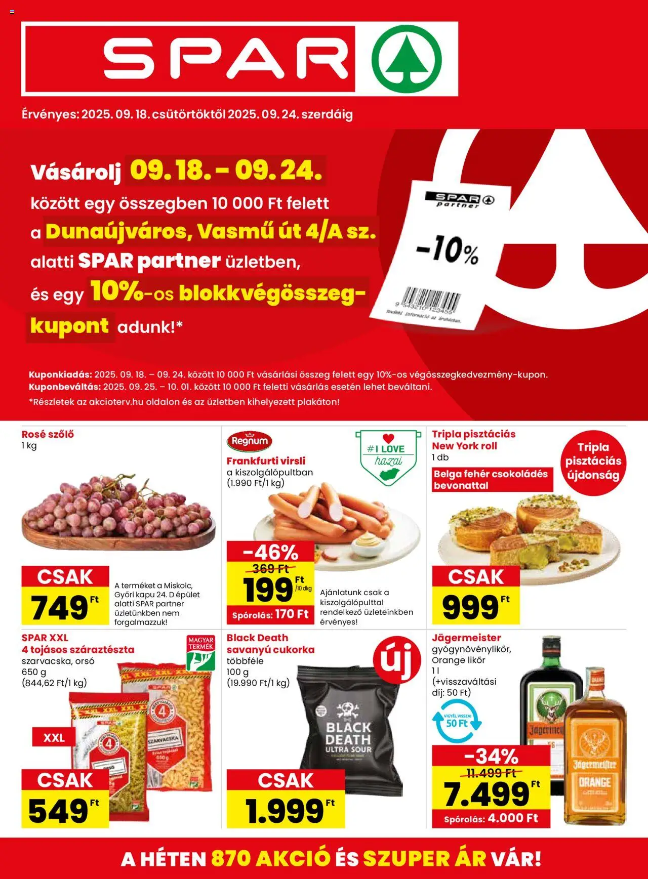 Spar akciós ujság - amely érvényes a következő dátumtól: 18.09.2025 | Oldal: 1 | Termékek: Jägermeister, Frankfurti virsli, Kapu, Cukorka