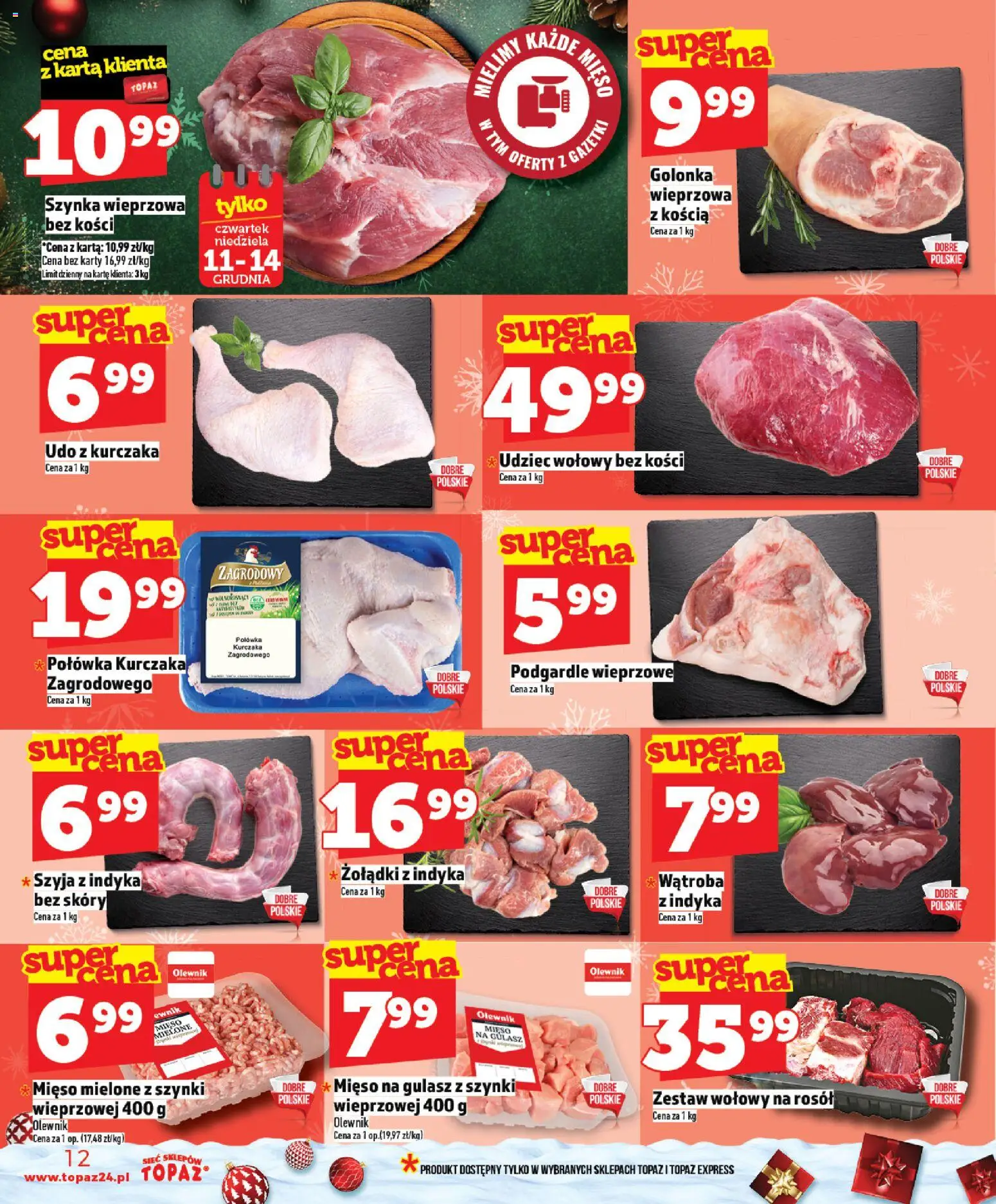 Topaz Gazetka - Ceny małe na stałe od 11.12.2025 | Strona: 12 | Produkty: Mięso mielone z szynki, Szynka wieprzowa, Mięso mielone, Mięso na gulasz