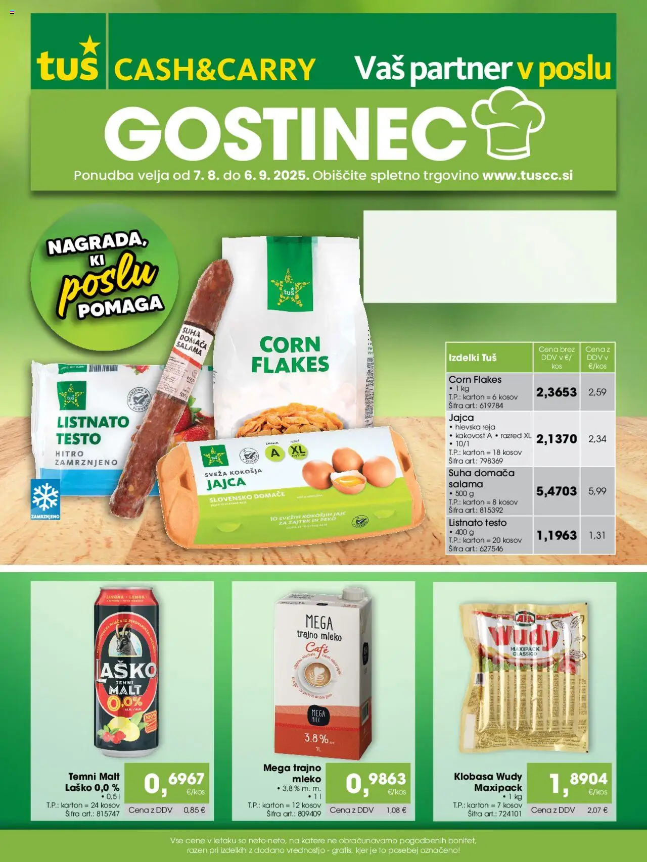 Tuš katalog cash & carry trgovec │ velja od 07.08.2025 | Stran: 1 | Izdelki: Mleko, Jajca, Salama