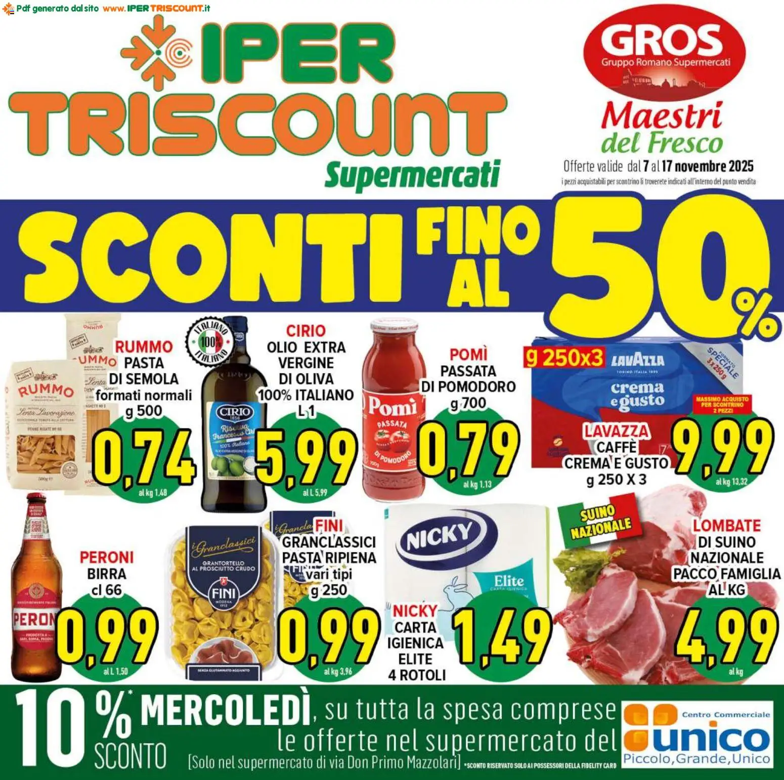 Volantino Ipertriscount del 07.11.2025 | Pagina: 1 | Prodotti: Prosciutto Crudo, Suino, Pomodoro, Prosciutto