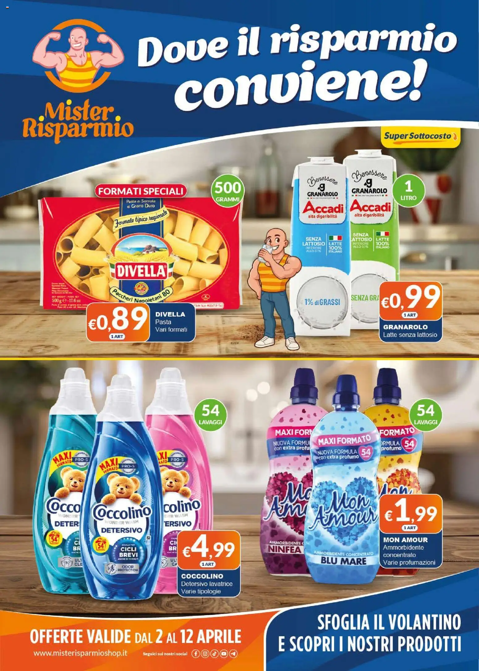 Volantino Mister Risparmio del 02.04.2026 | Pagina: 1 | Prodotti: Latte, Cocco, Latte senza lattosio, Paccheri