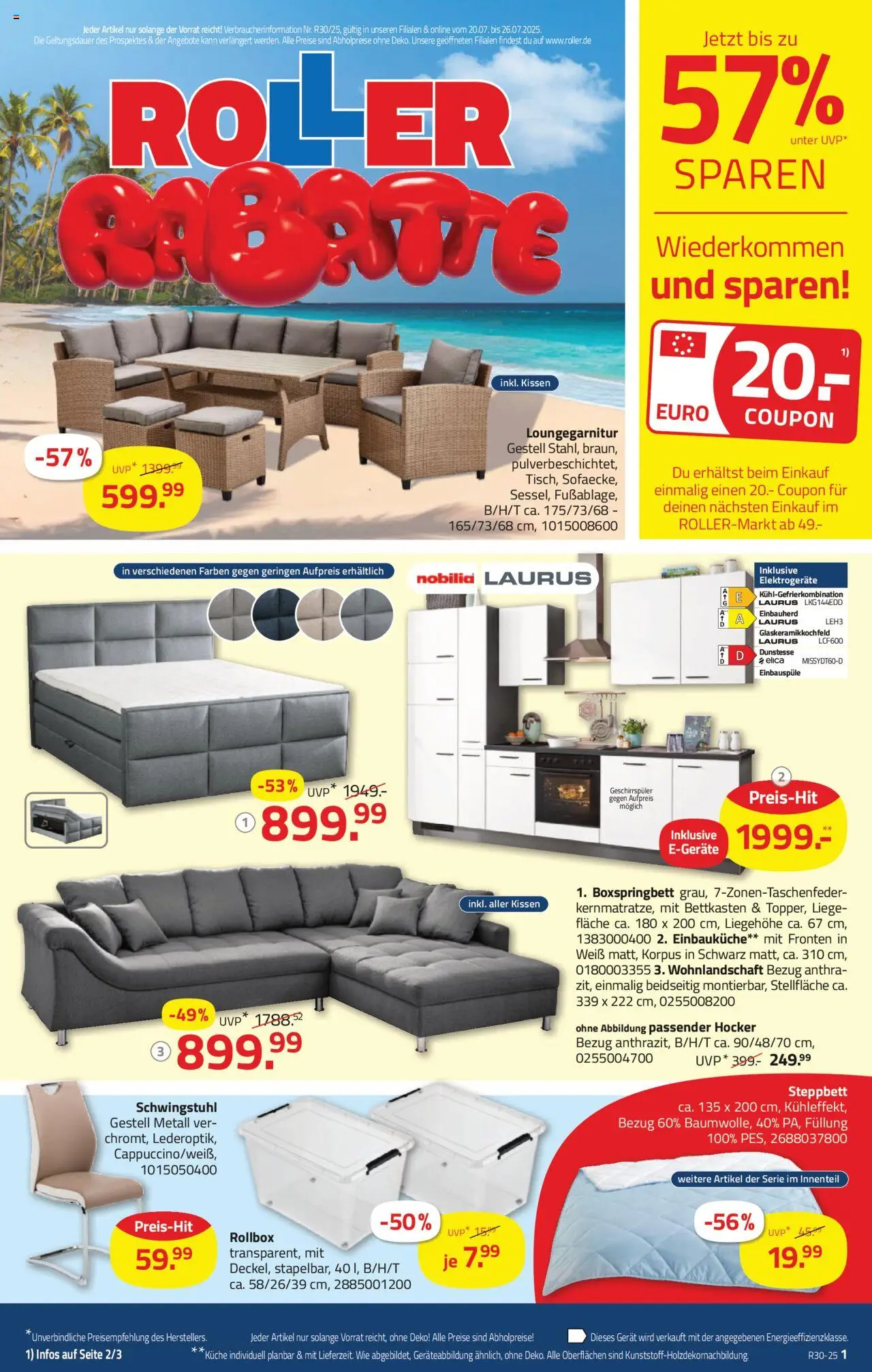 Roller Prospekt 	 - gültig ab dem 20.07.2025 | Seite: 1 | Produkte: Einbauküche, Wohnlandschaft, Hocker, Kühlgefrierkombination