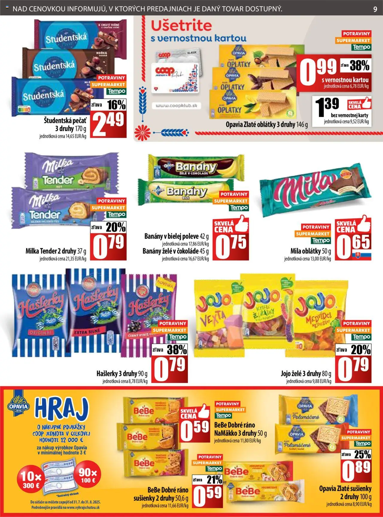 COOP Jednota leták │ platný od 31.07.2025 | Strana: 9 | Produkty: BeBe Dobré ráno, Banány, Študentská pečať, Milka