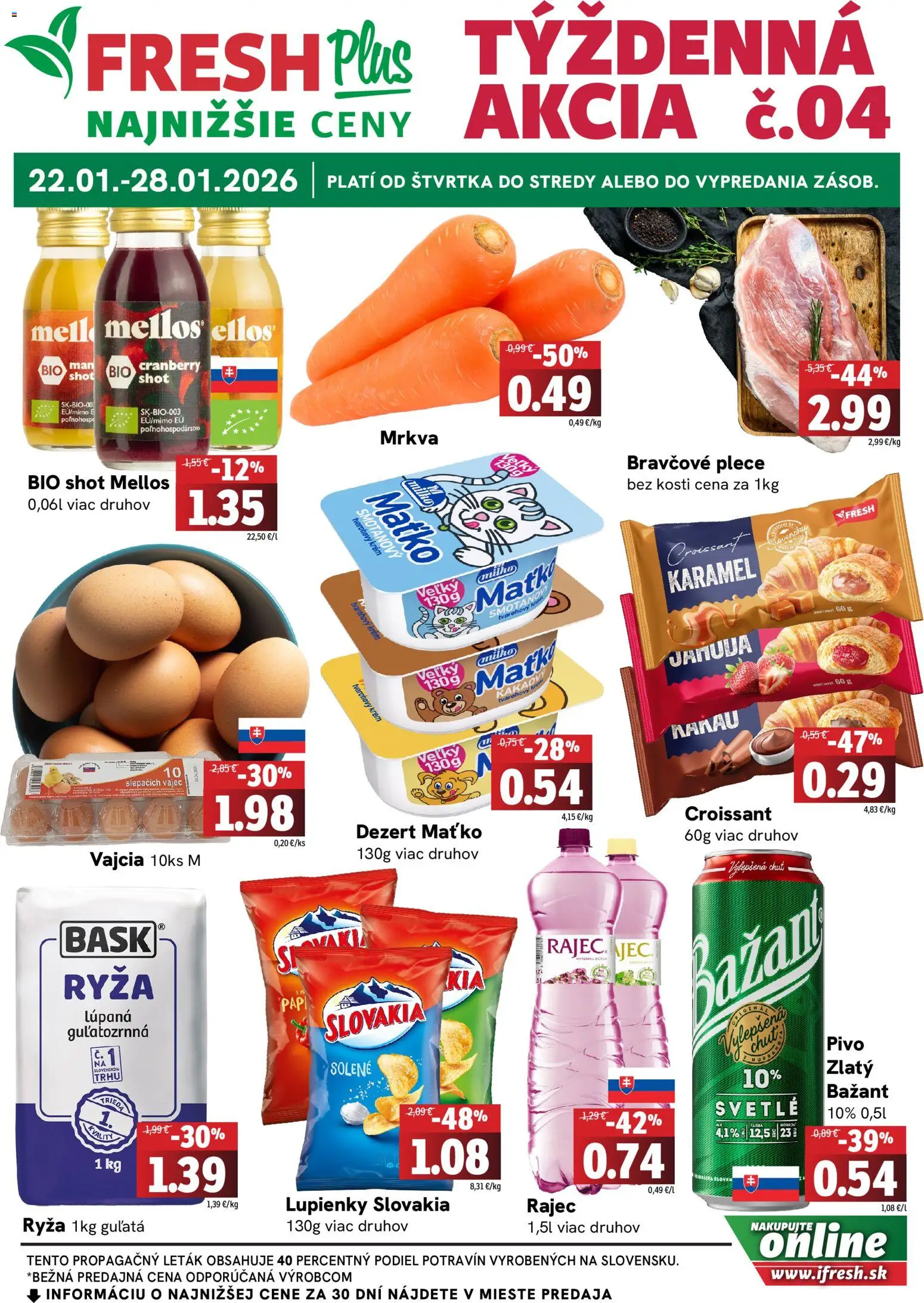 Nové Fresh akcie – leták je platný od 22.01.2026 | Strana: 1 | Produkty: Ryža, Croissant, Bravčové plece, Rajec