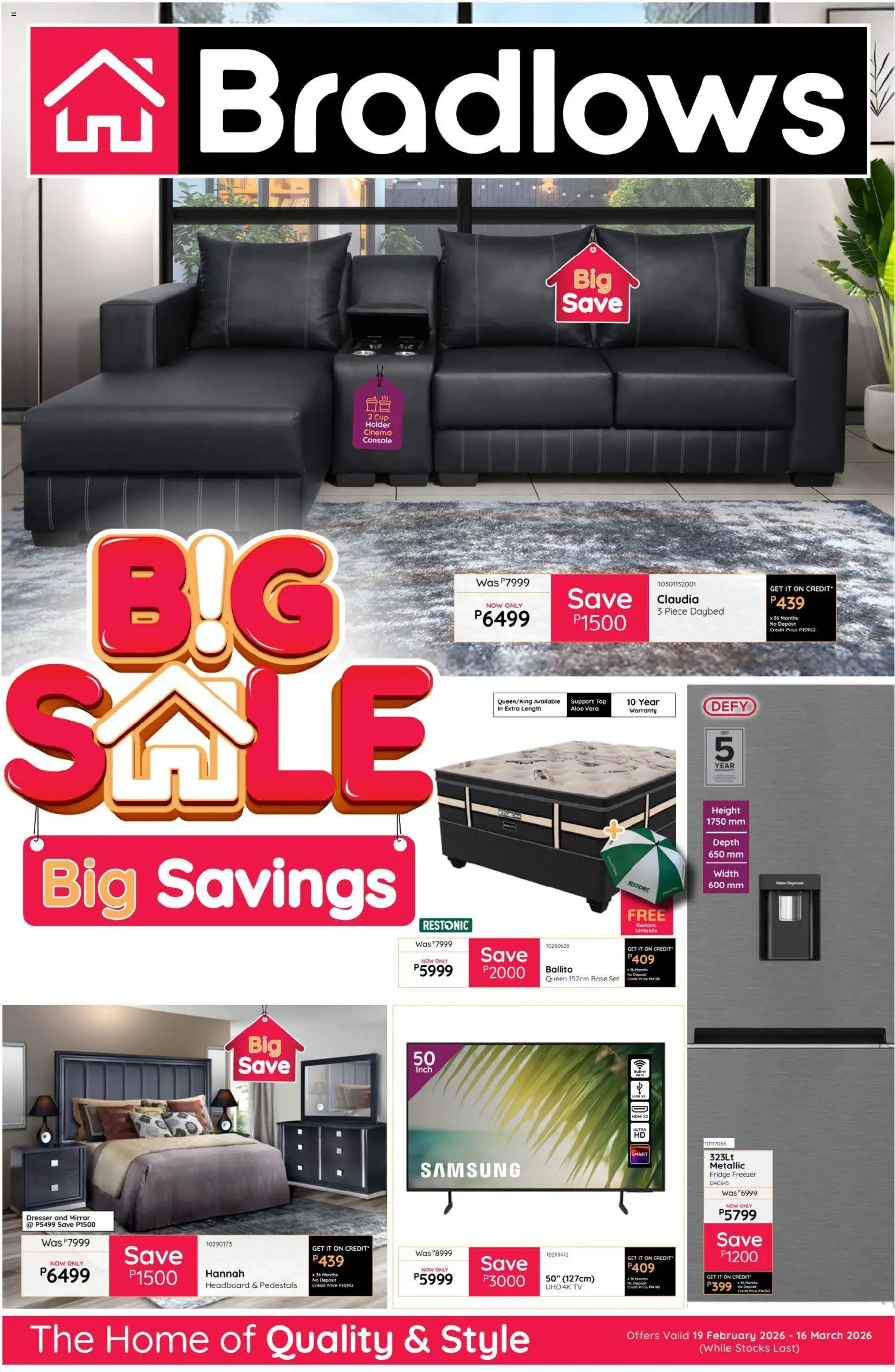 New Bradlows catalogue – valid from 19.02.2026 | Page: 1 | Products: TV, Mirror, Fridge, Water