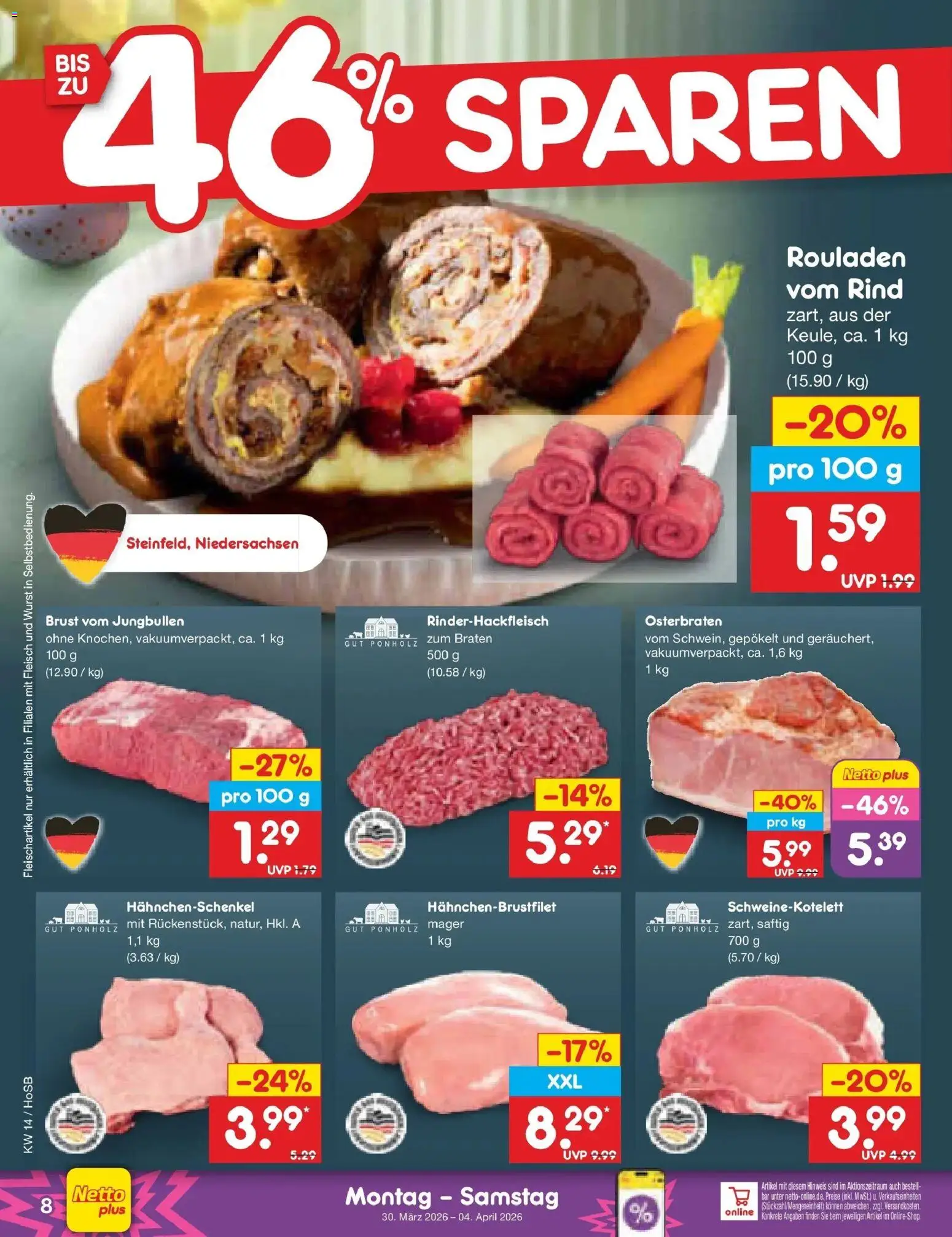 Netto Marken-Discount Prospekt Hannover	 – gültig ab 29.03.2026 | Seite: 8 | Produkte: Hahnchenschenkel, Wurst, Fleisch