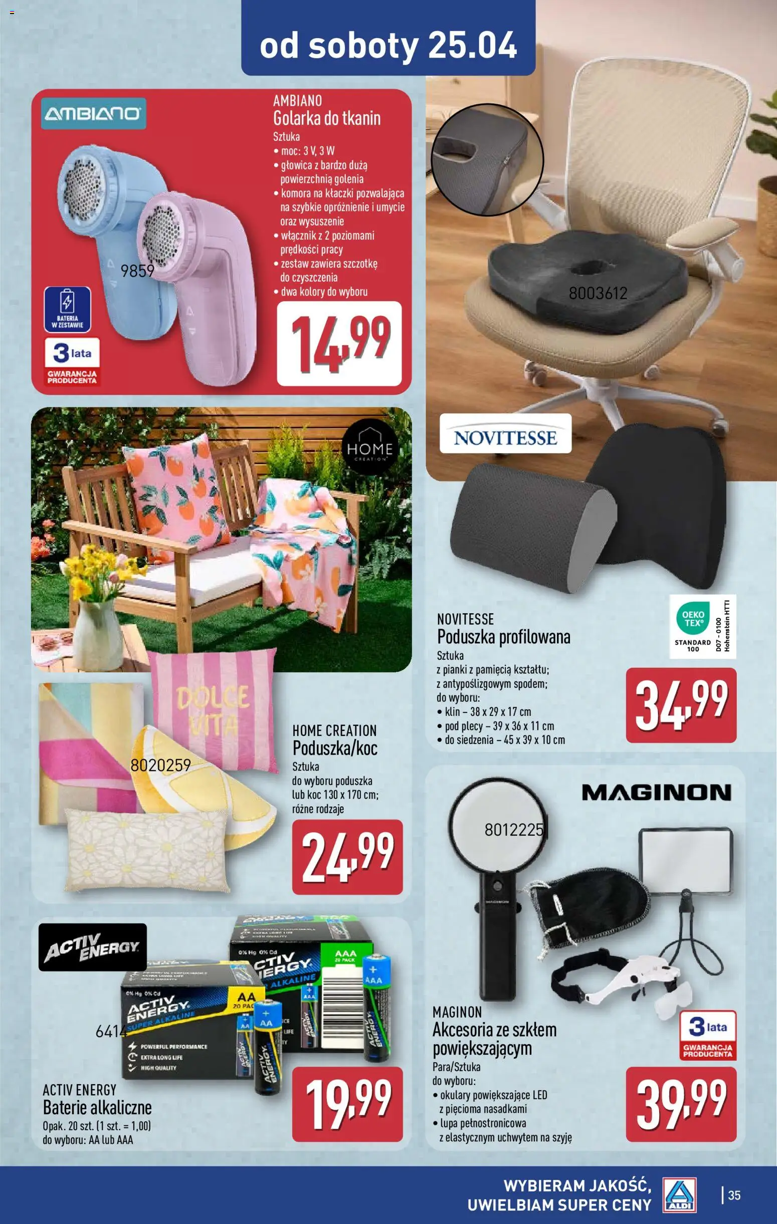 Aldi gazetka od 20.04.2026 | Strona: 35 | Produkty: Okulary, Poduszka, Koc, Bateria