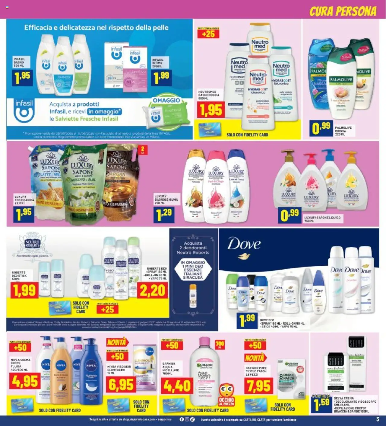 Volantino RisparmioCasa del 28.08.2025 | Pagina: 3 | Prodotti: Crema, Bagnoschiuma, Intimo, Bagno