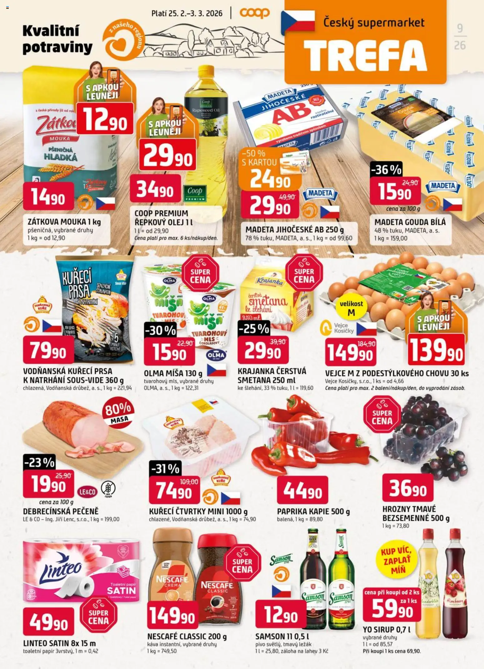 Trefa leták od 25.02.2026 | Strana: 1 | Produkty: Kuřecí prsa, Smetana, Yo sirup, Hrozny