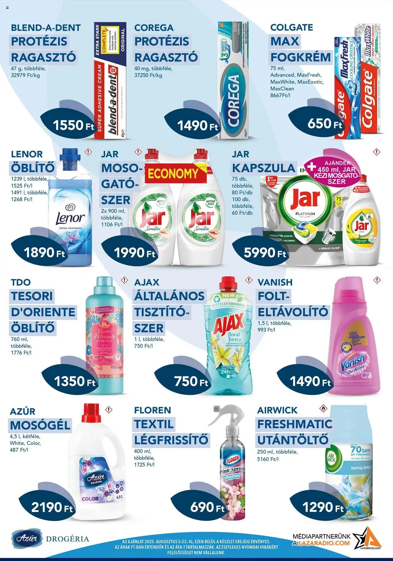 Azur akciós ujság - amely érvényes a következő dátumtól: 05.08.2025 | Oldal: 2 | Termékek: Ragasztó, Öblítő, Légfrissítő, Fogkrém