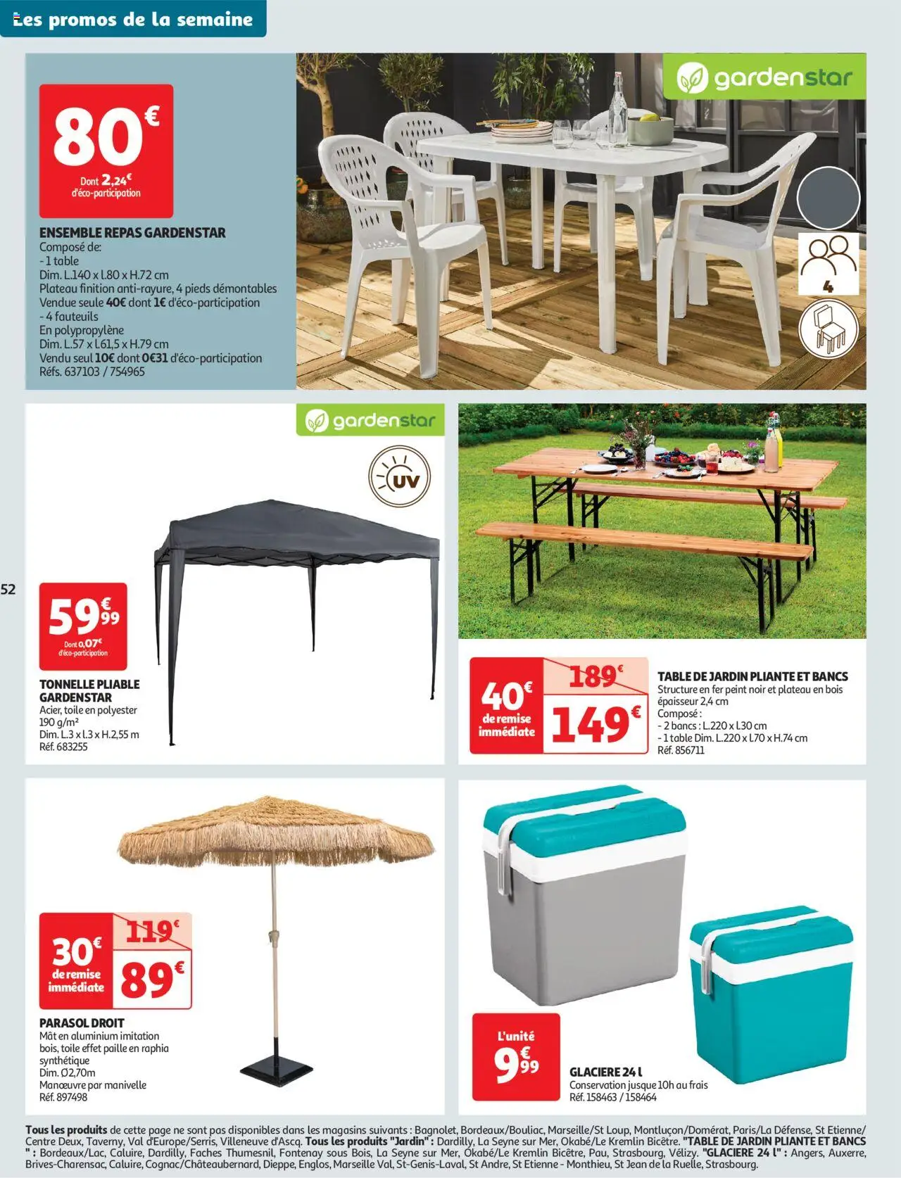  | Page: 52 | Produits: Tonnelle, Table de jardin, Glacière, Parasol