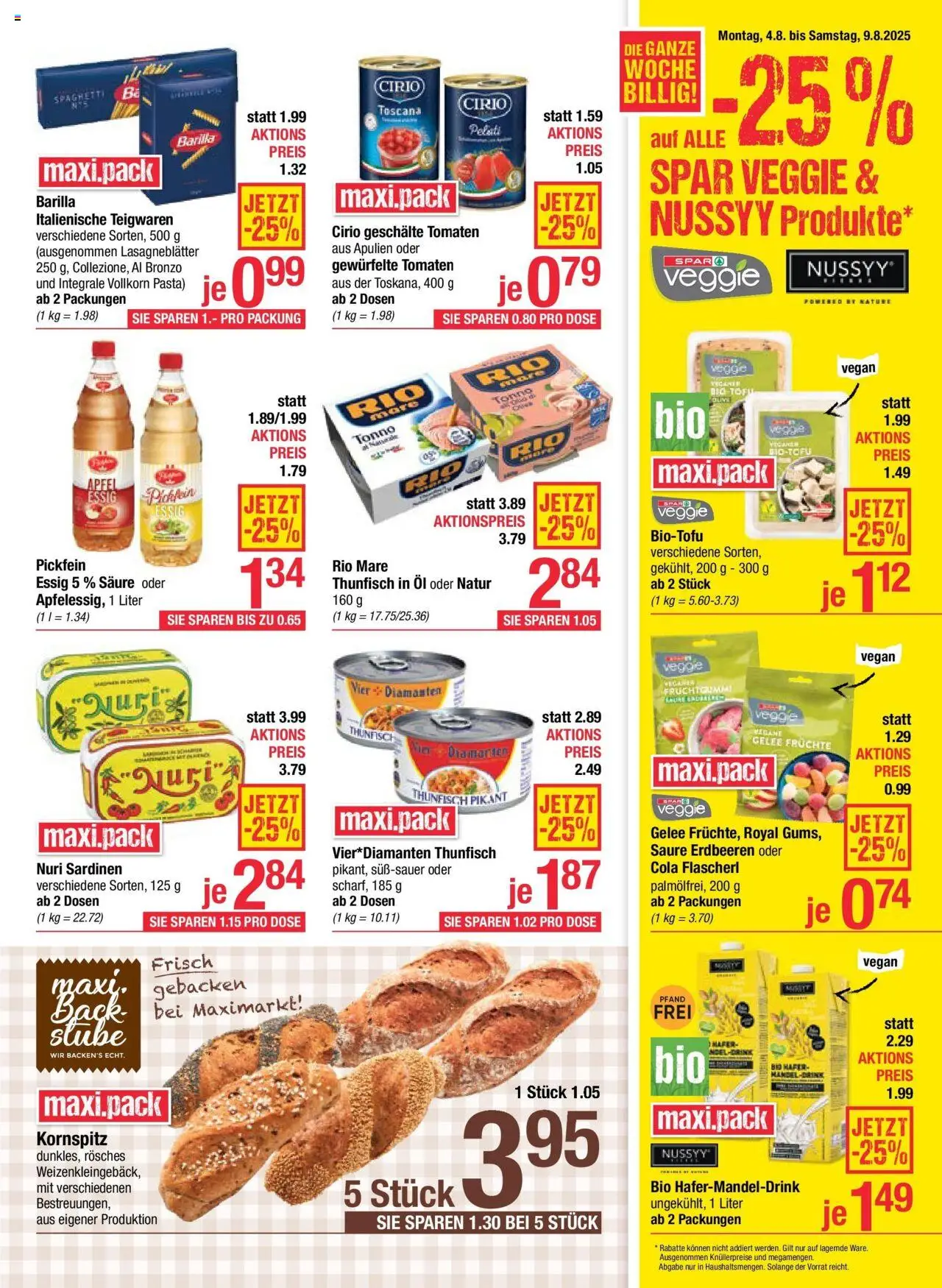 Maximarkt Flugblatt Anif, Bruck an der Großglocknerstraße gültig ab 04.08.2025 | Seite: 7 | Produkte: Pasta, Hajdina liszt, Öl, Tomaten