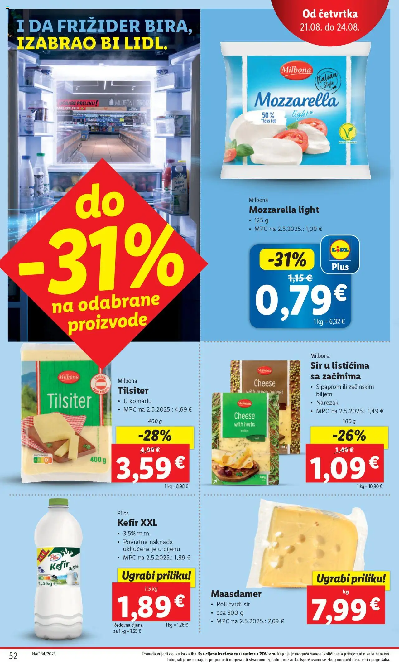 Lidl katalog | vrijedi od 18.08.2025 | Stranica: 52 | Proizvodi: Mozzarella, Sir, Narezak, Kefir