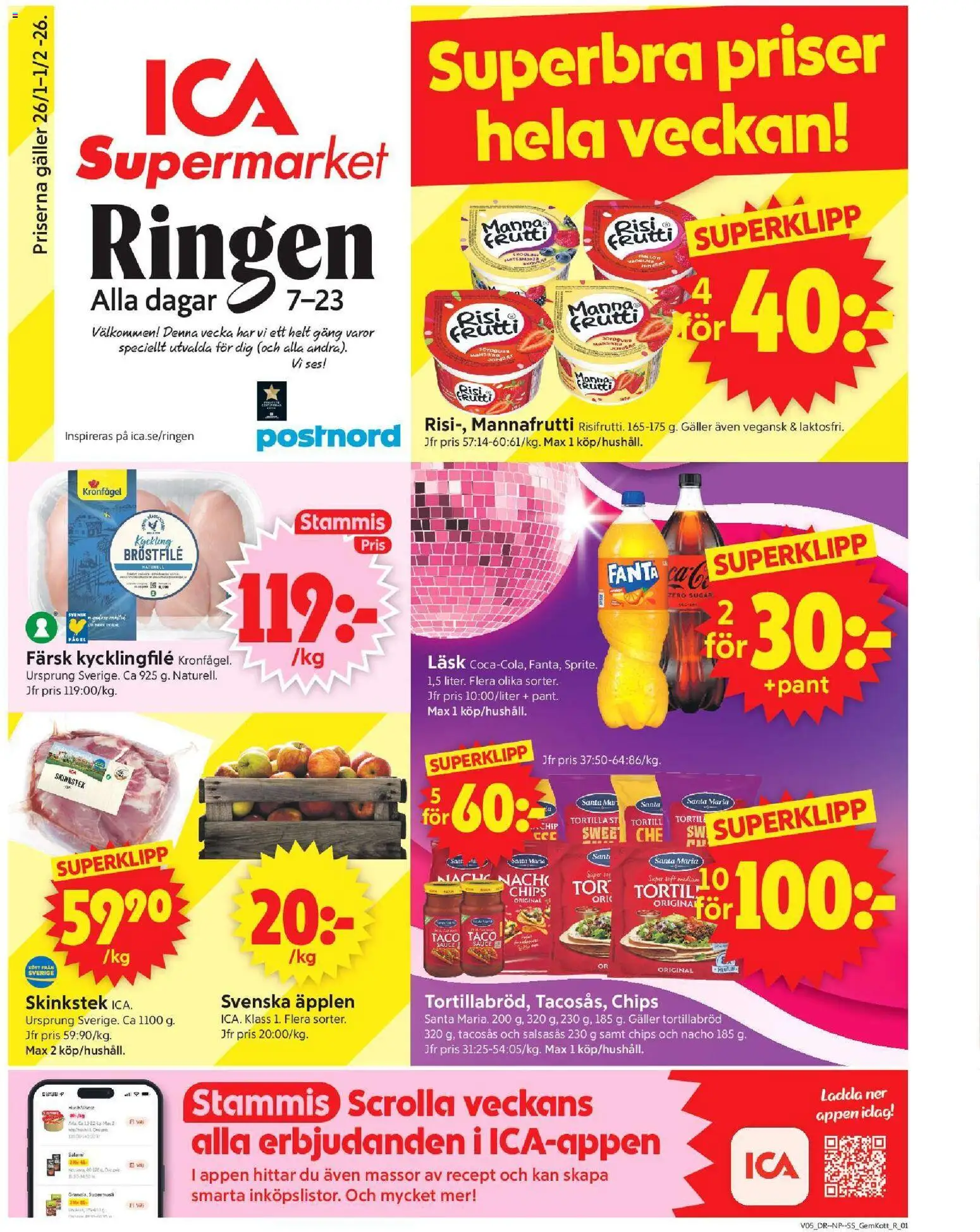ICA Supermarket reklamblad aktuell från 26.01.2026 | Sida: 1 | Produkter: Kycklingfile, Galler, Salami, Äpplen