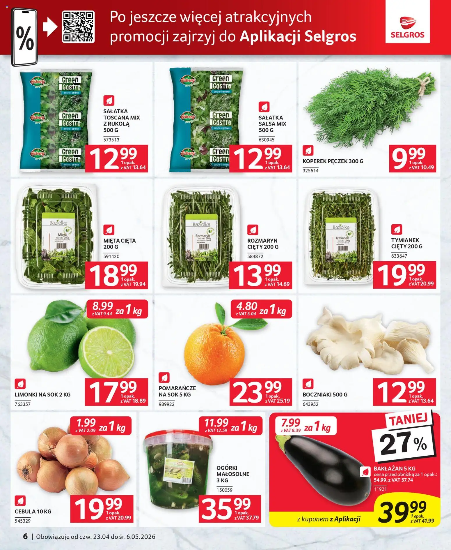 Selgros cash&carry gazetka - Oferta dla gastronomii od 23.04.2026 | Strona: 6 | Produkty: Tymianek, Mięta, Boczniaki, Sok