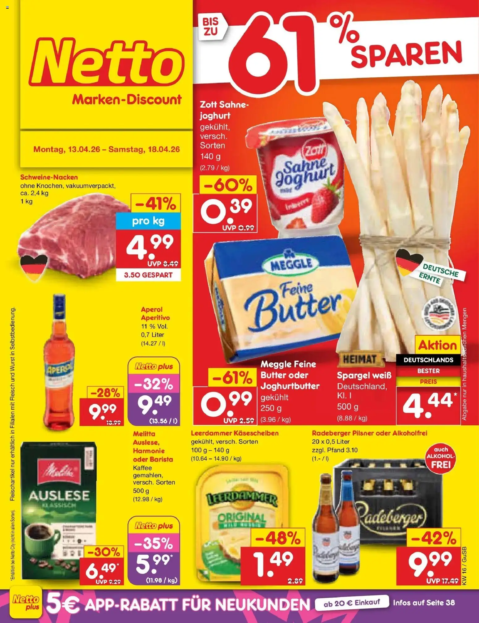 Netto Marken-Discount Prospekt Machern	 – gültig ab 13.04.2026 | Seite: 1 | Produkte: Joghurt, Schweinenacken, Spargel, Fleisch