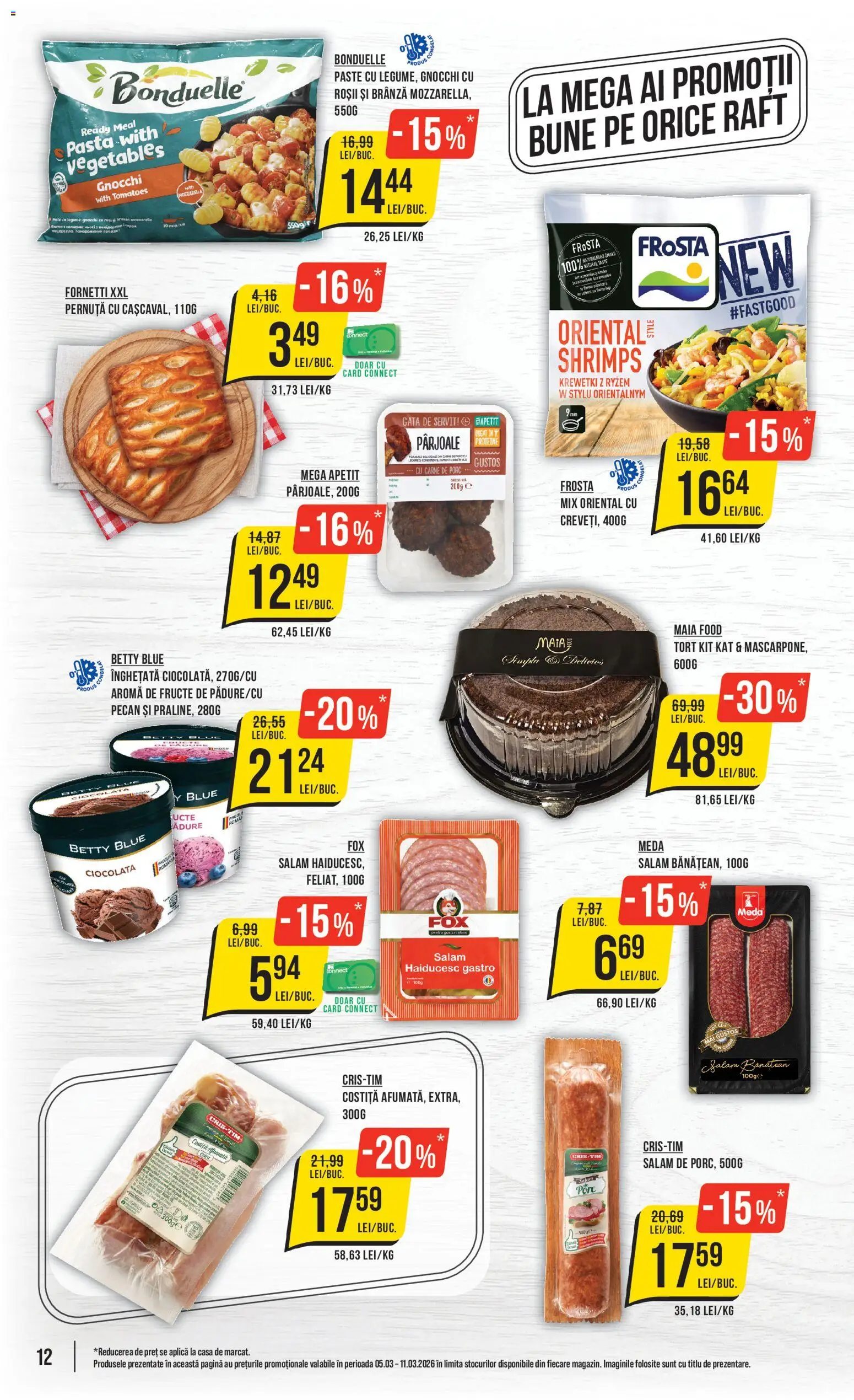 Noul catalog Mega Image – valabil de la 05.03.2026 | Pagină: 12 | Produse: Raft, Salam, Paste, Legume