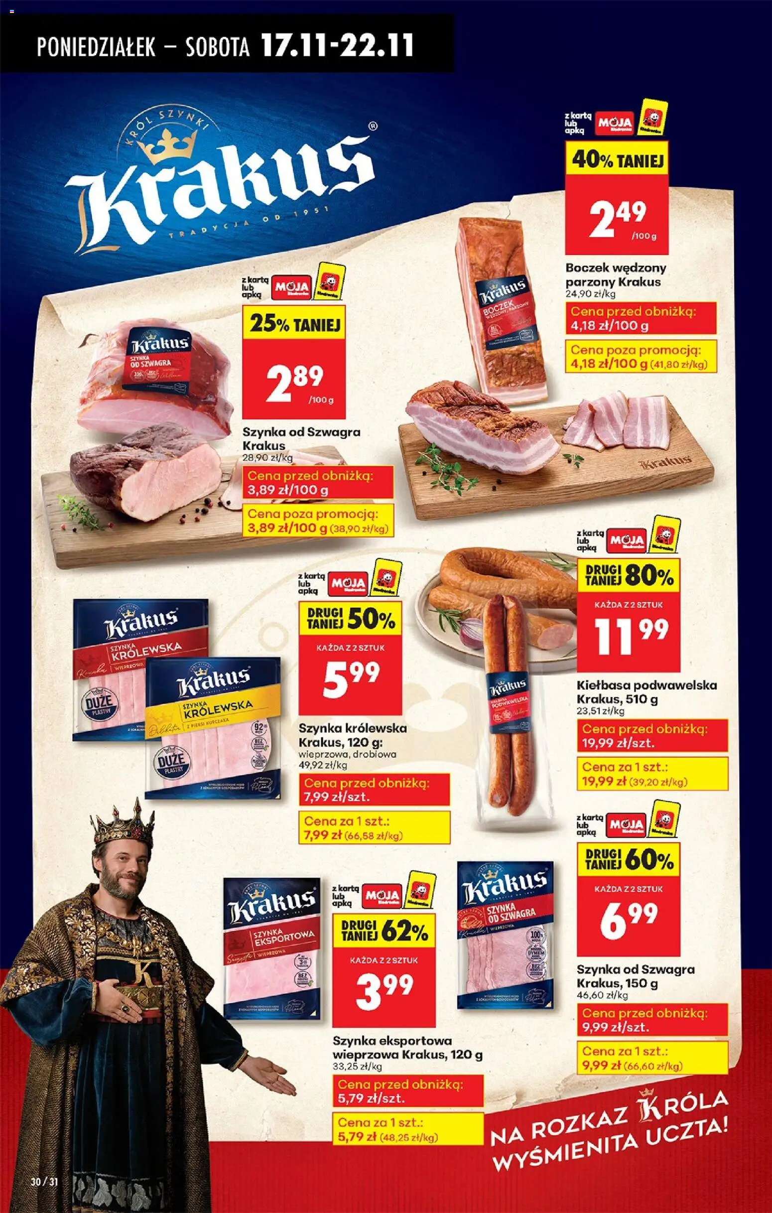 Biedronka gazetka od 17.11.2025 | Strona: 40 | Produkty: Piersi, Boczek wędzony, Boczek, Kiełbasa podwawelska