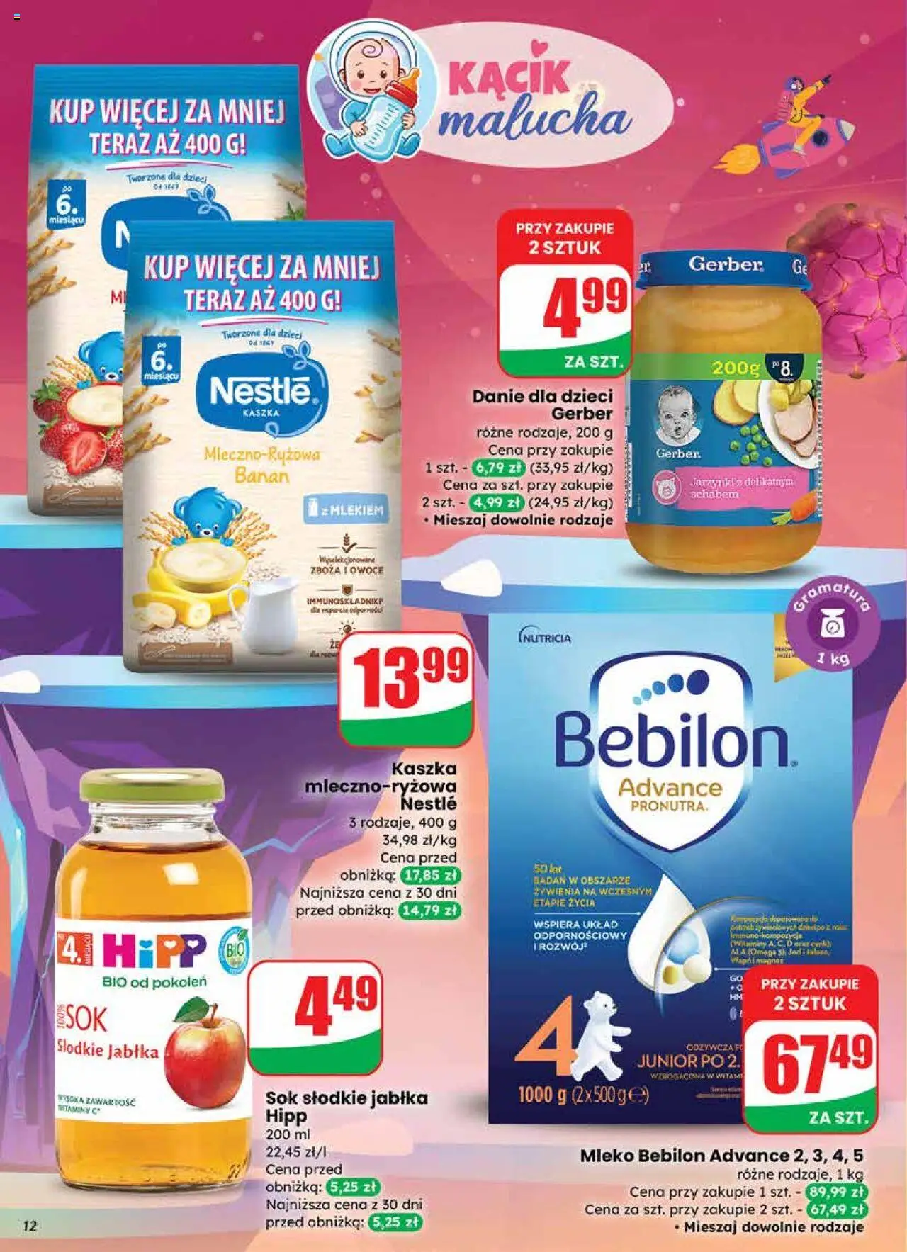 Dino Gazetka od 24.09.2025 | Strona: 12 | Produkty: Kaszka dla dzieci, Mleko Bebilon, Jabłka, Banan